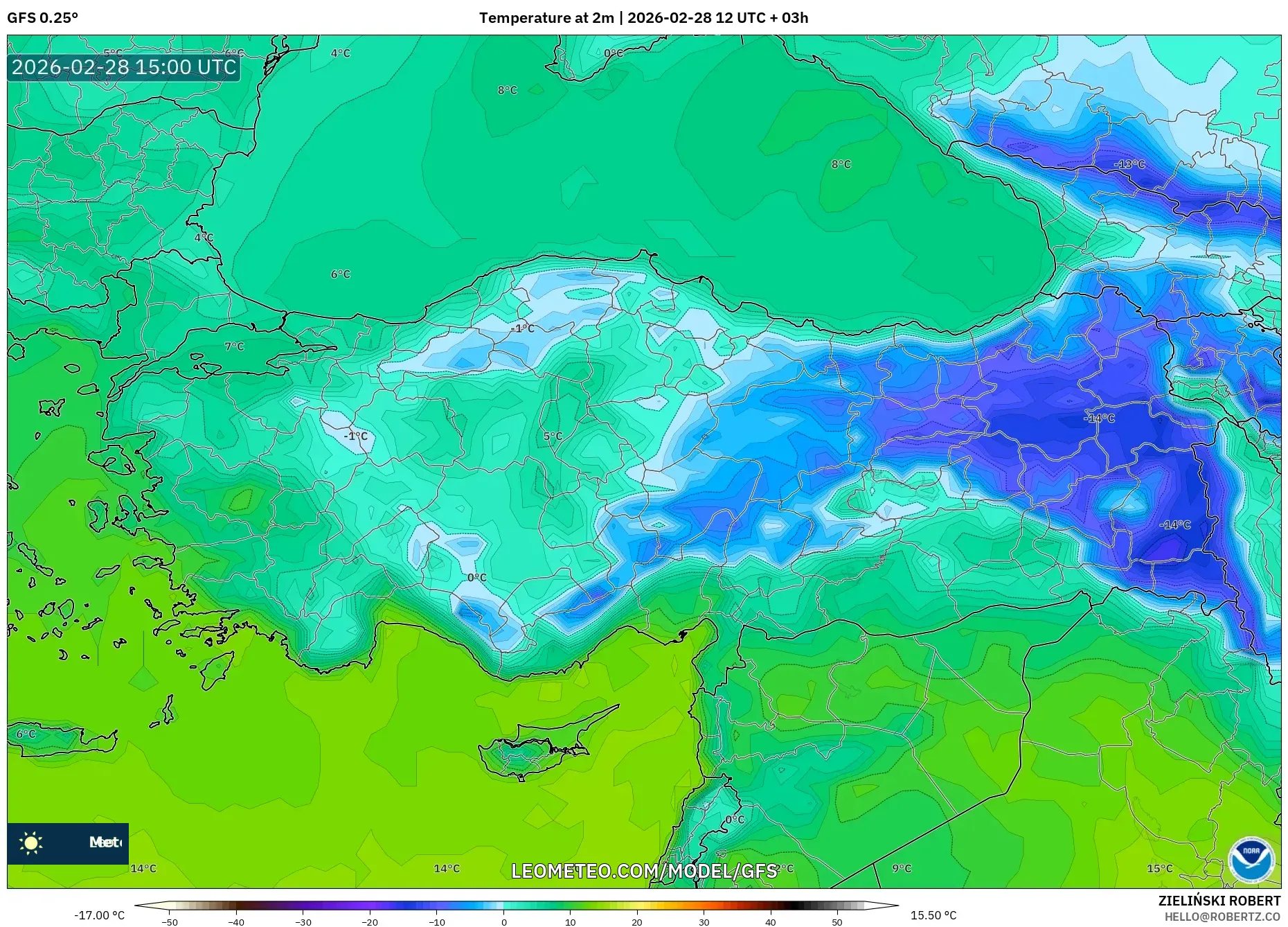 GFS model - Turquía, Temperatura a 2 m