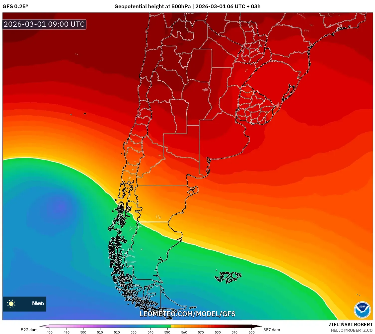 GFS model - Argentina, Altura geopotencial a 500 hPa