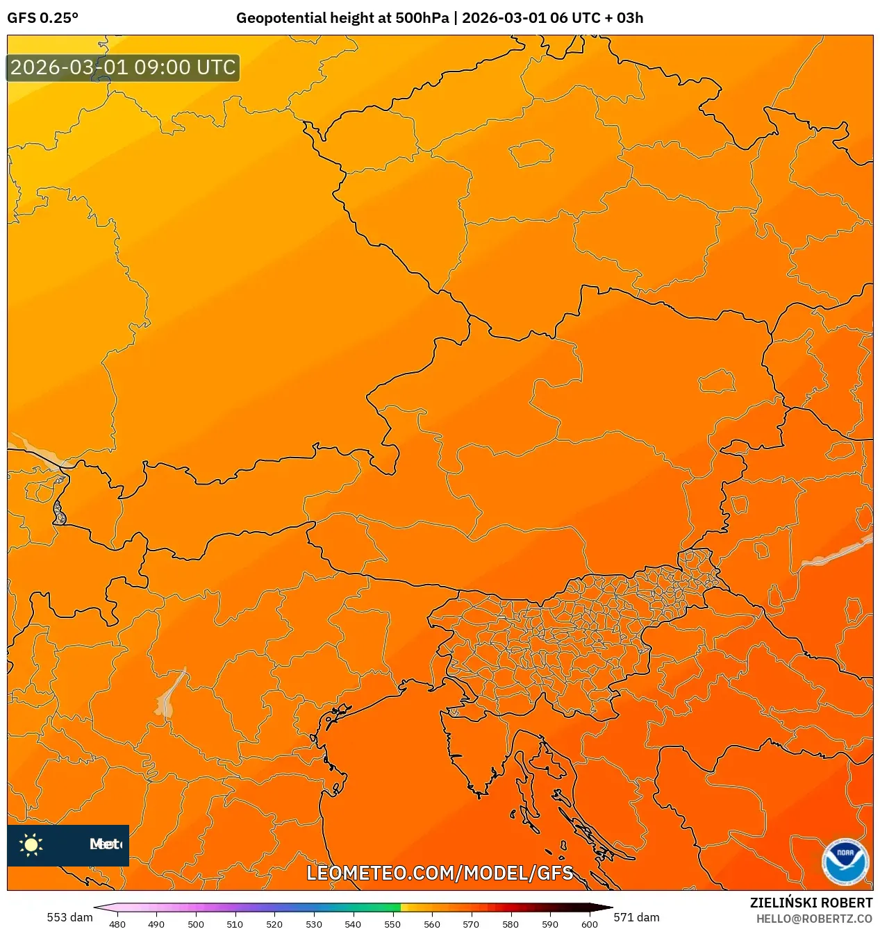 GFS model - Austria, Altura geopotencial a 500 hPa