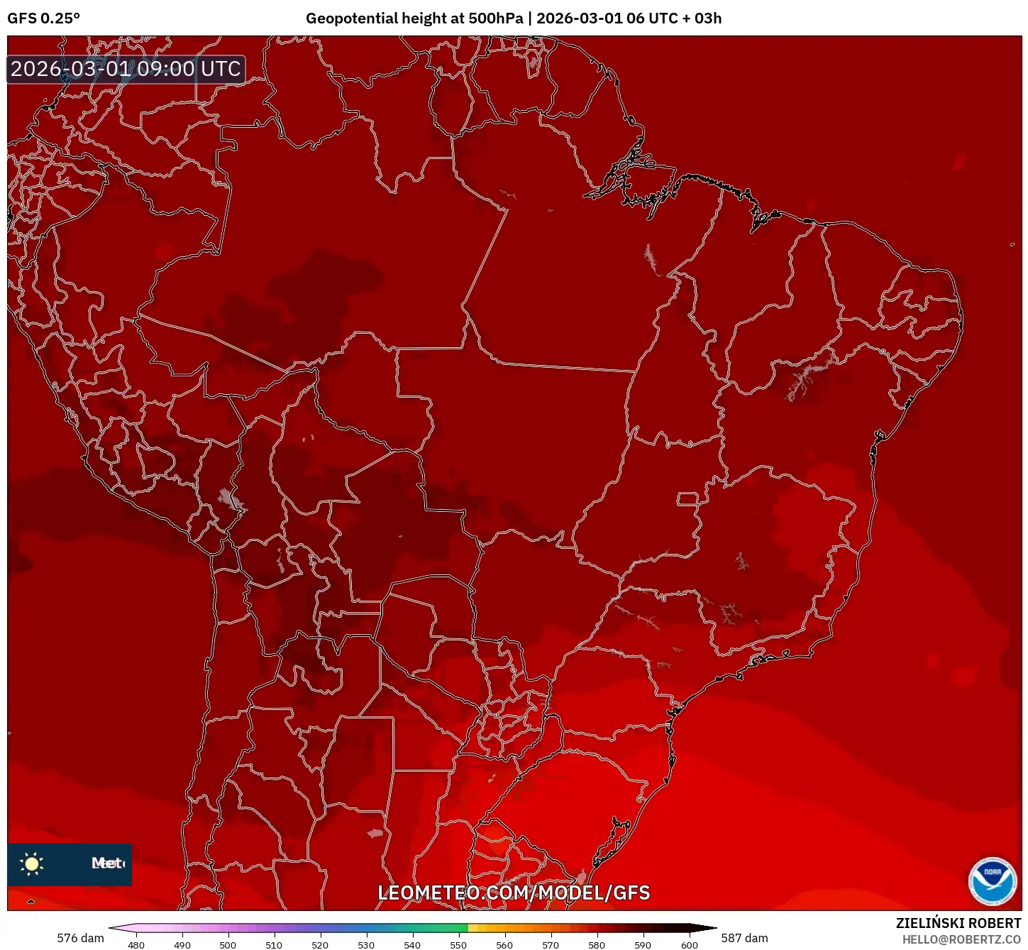 GFS model - Brasil, Altura geopotencial a 500 hPa