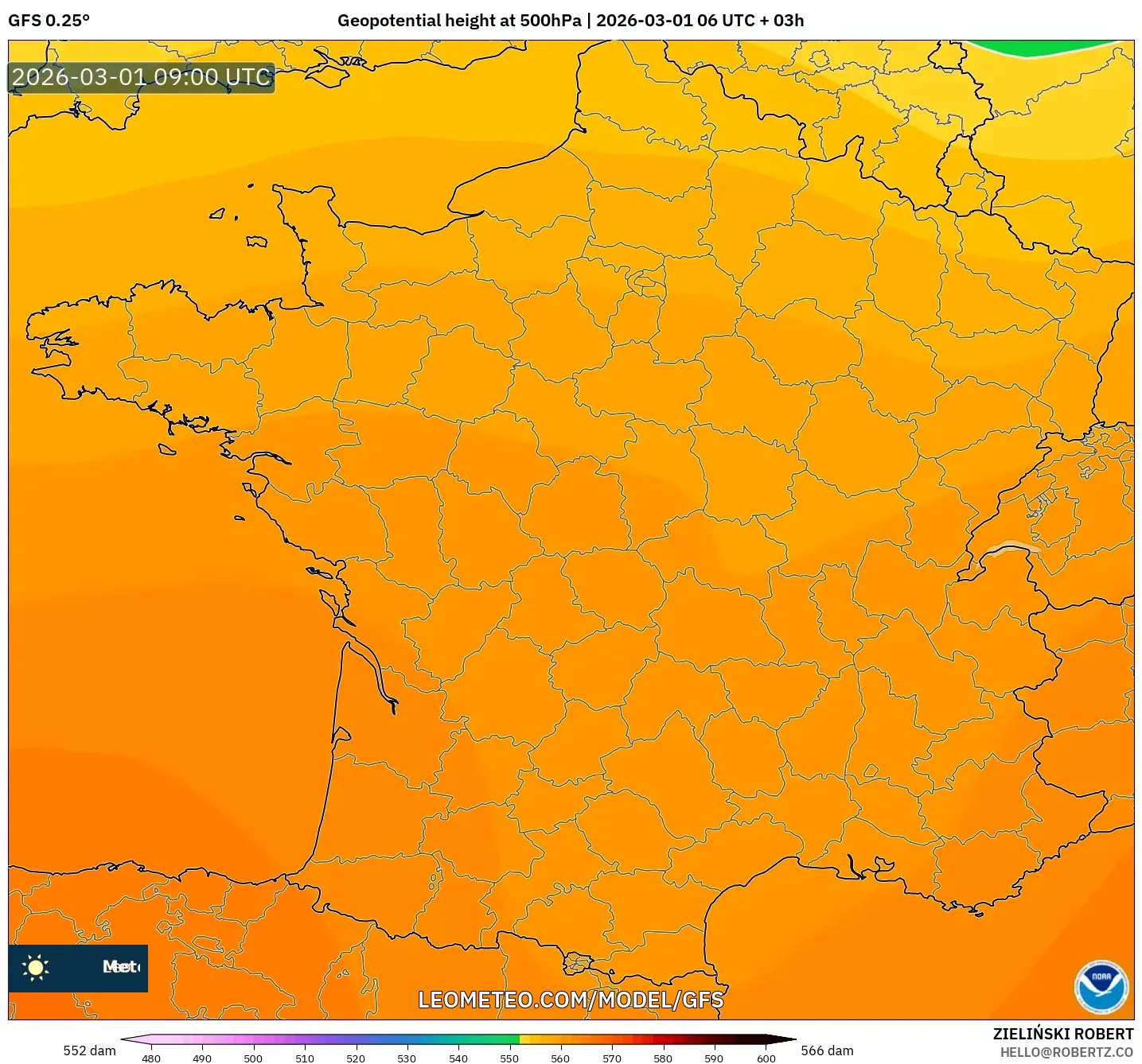GFS model - Francia, Altura geopotencial a 500 hPa
