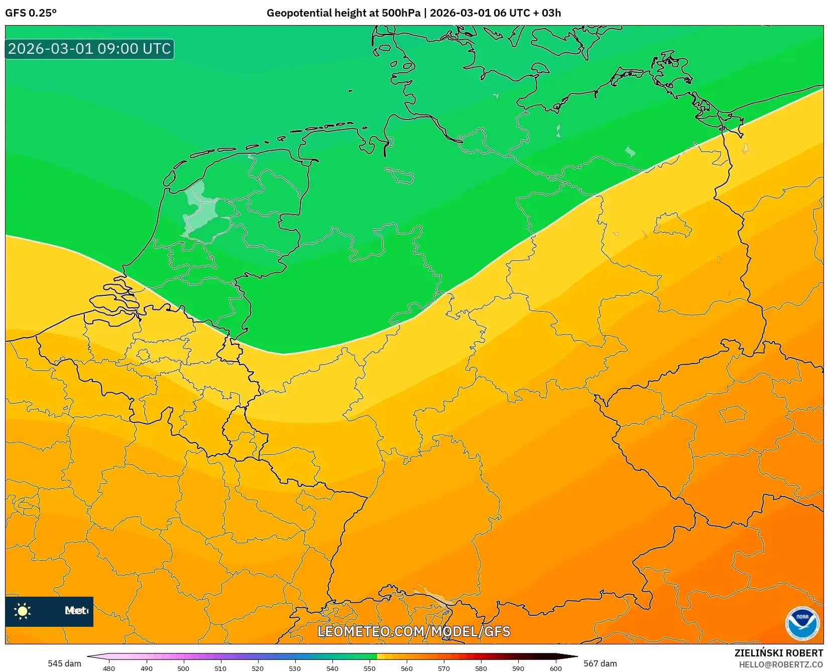 GFS model - Alemania, Altura geopotencial a 500 hPa