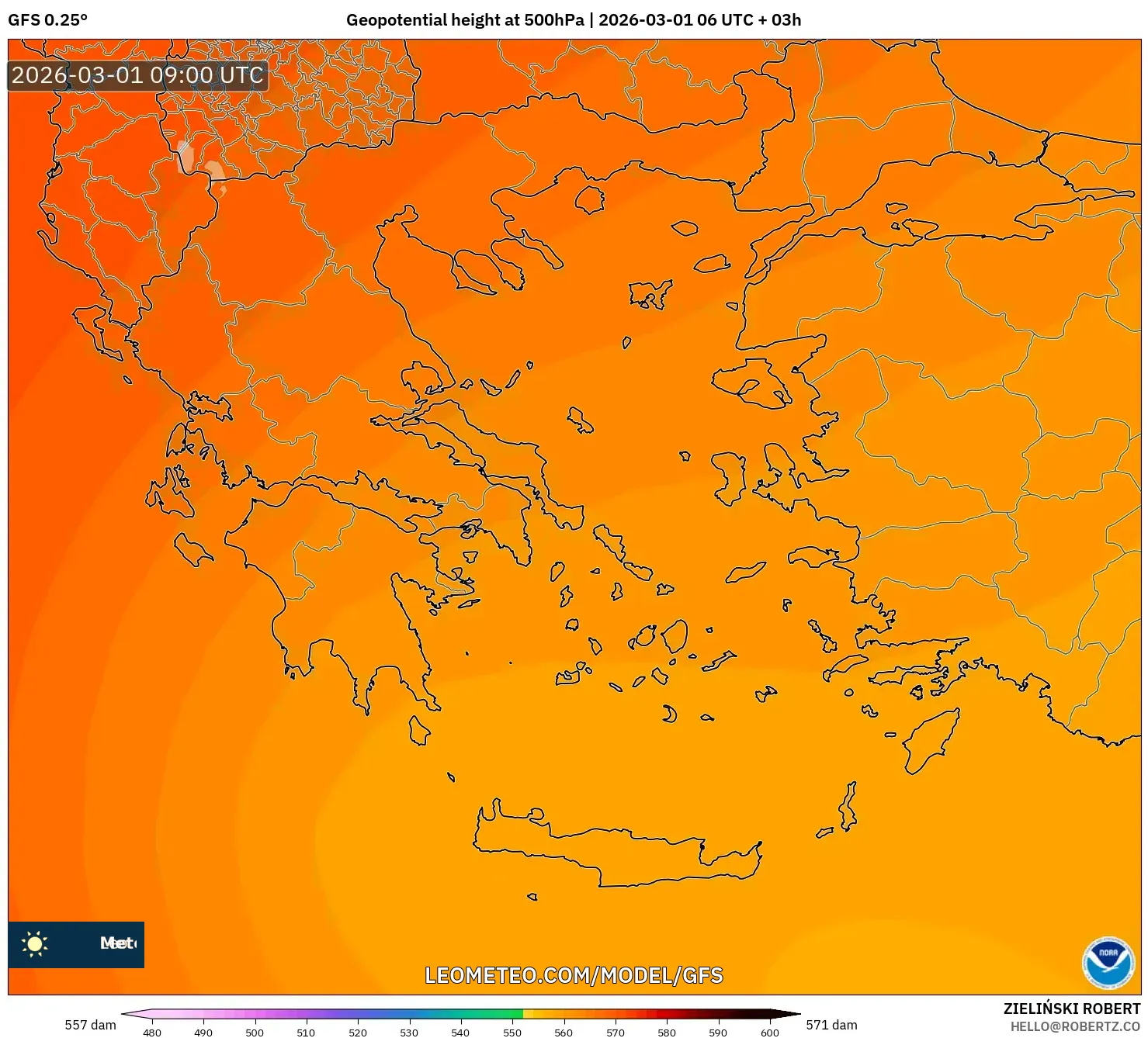 GFS model - Grecia, Altura geopotencial a 500 hPa