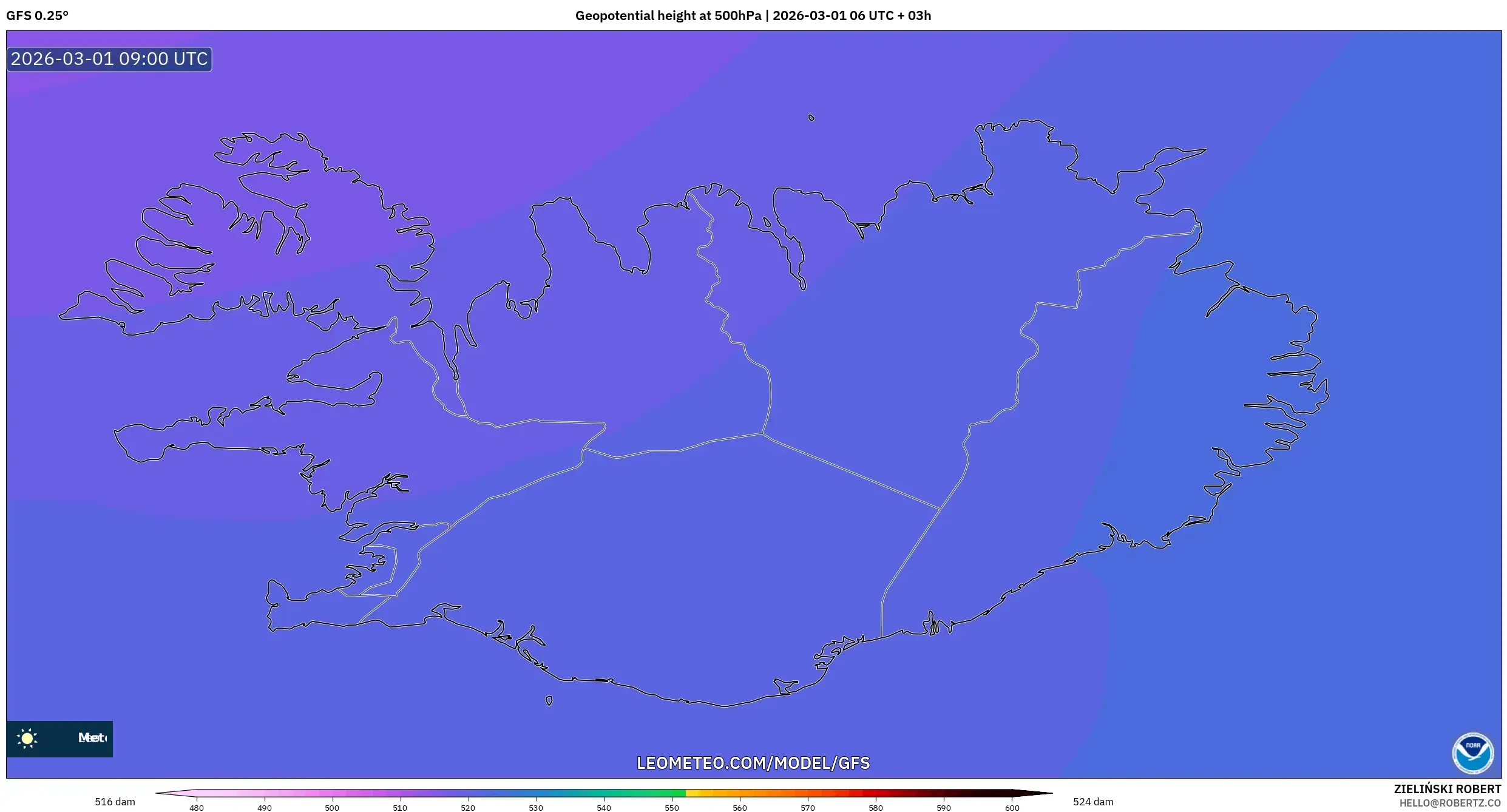 GFS model - Islandia, Altura geopotencial a 500 hPa