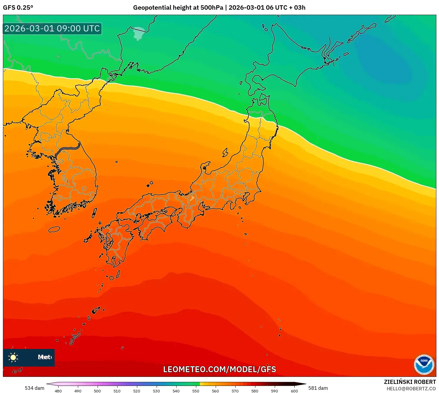 GFS model - Japón, Altura geopotencial a 500 hPa