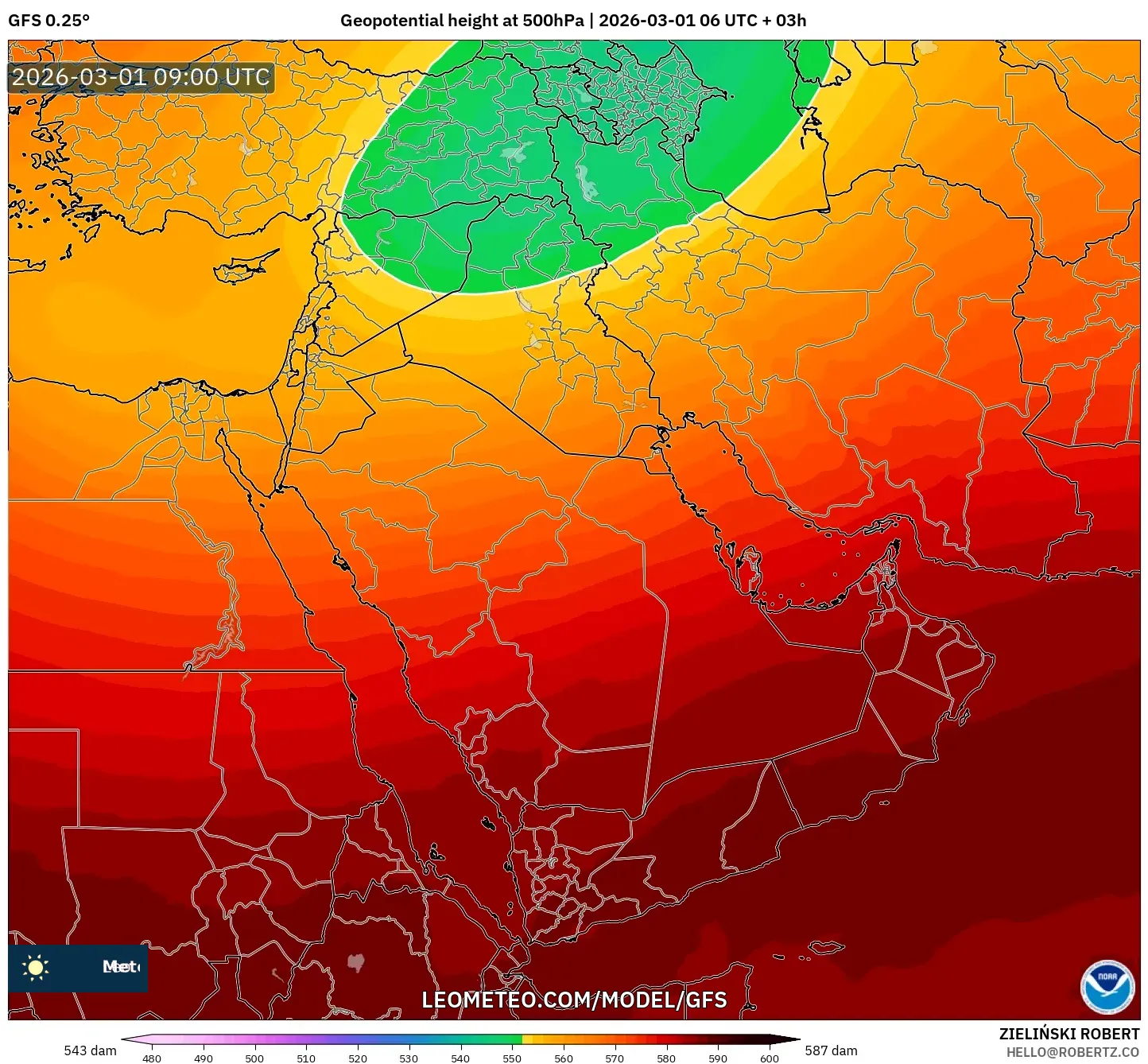 GFS model - Oriente Medio, Altura geopotencial a 500 hPa