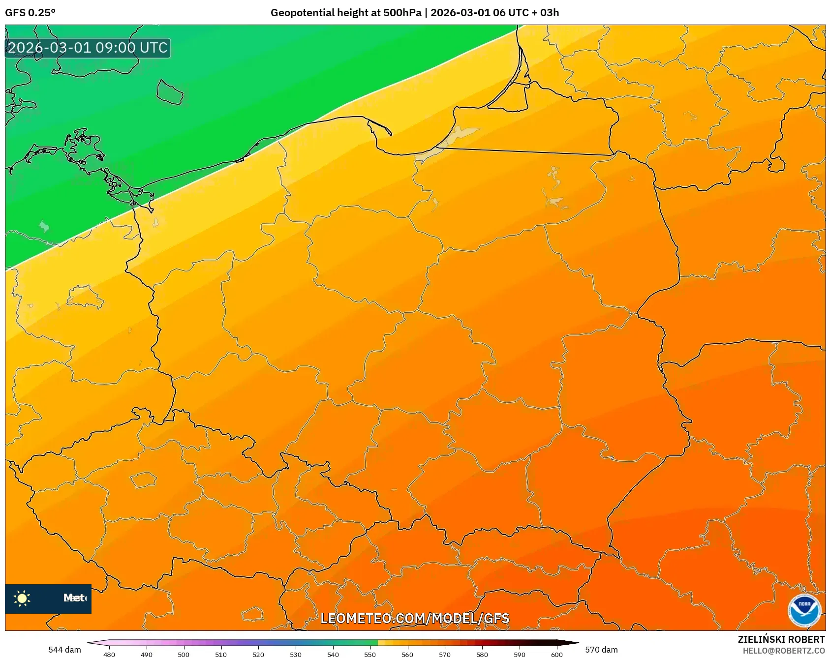 GFS model - Polonia, Altura geopotencial a 500 hPa