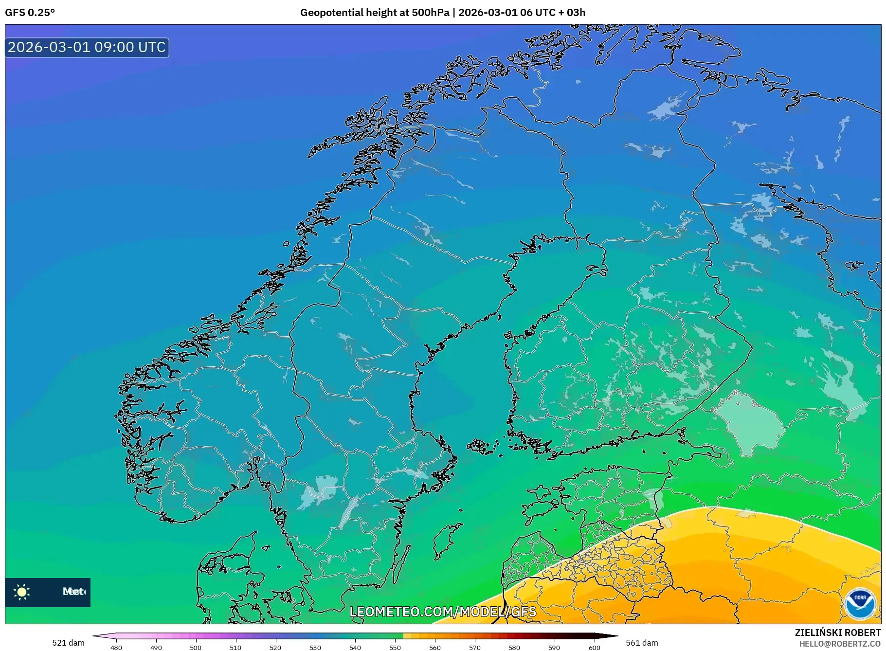 GFS model - Escandinavia, Altura geopotencial a 500 hPa
