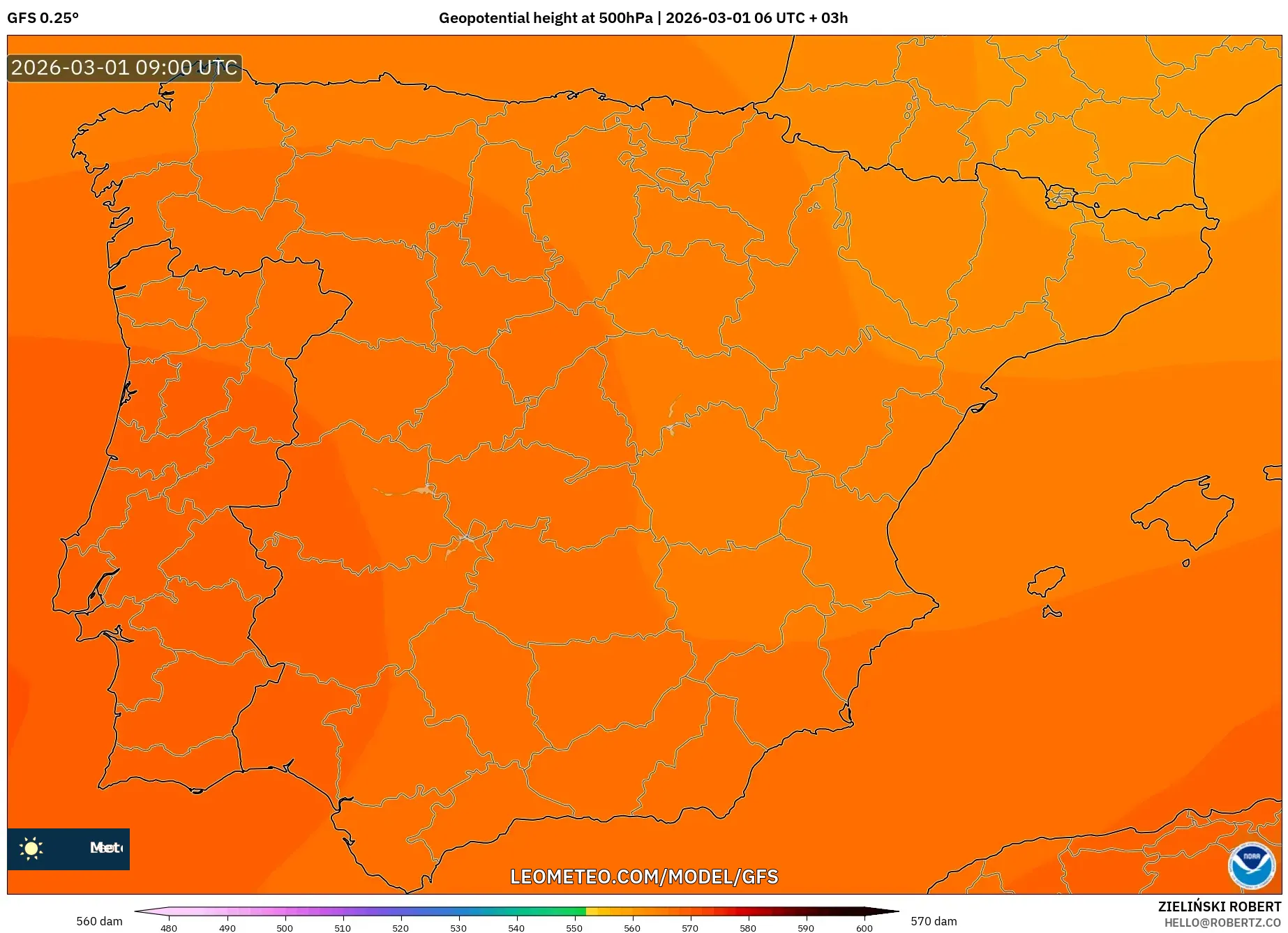 GFS model - España, Altura geopotencial a 500 hPa