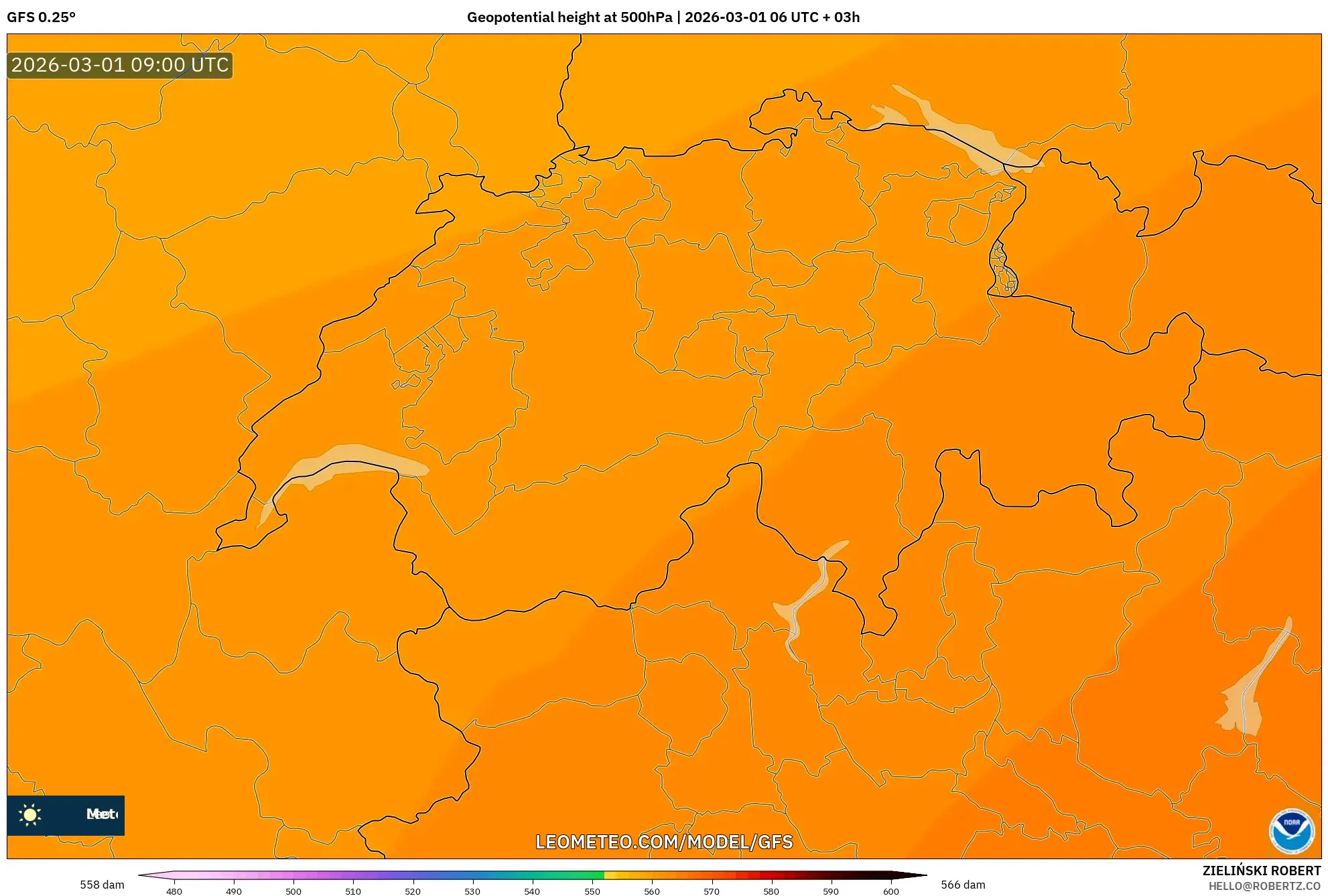 GFS model - Suiza, Altura geopotencial a 500 hPa
