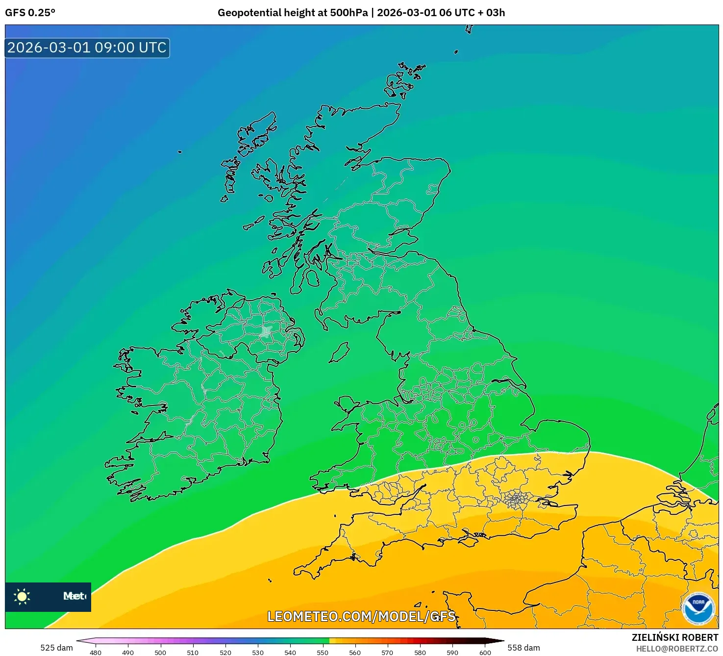 GFS model - Reino Unido, Altura geopotencial a 500 hPa