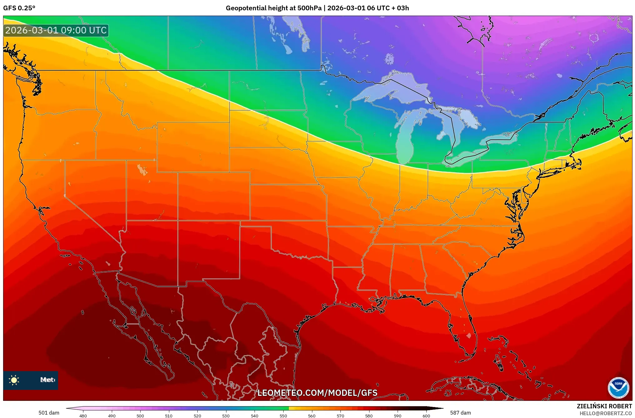 GFS model - Estados Unidos, Altura geopotencial a 500 hPa