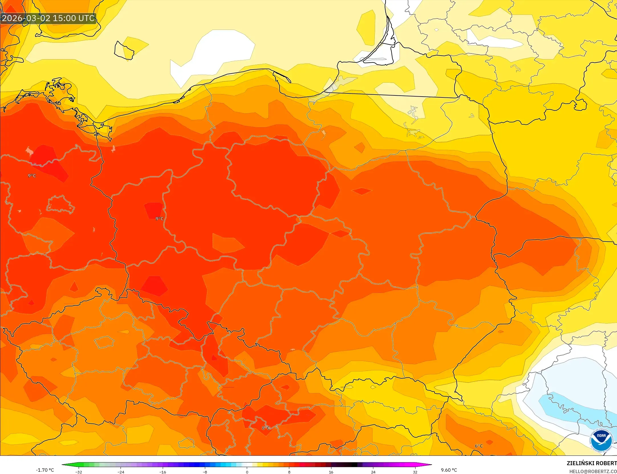 GFS model - Polonia, Anomalía de temperatura a 2 m
