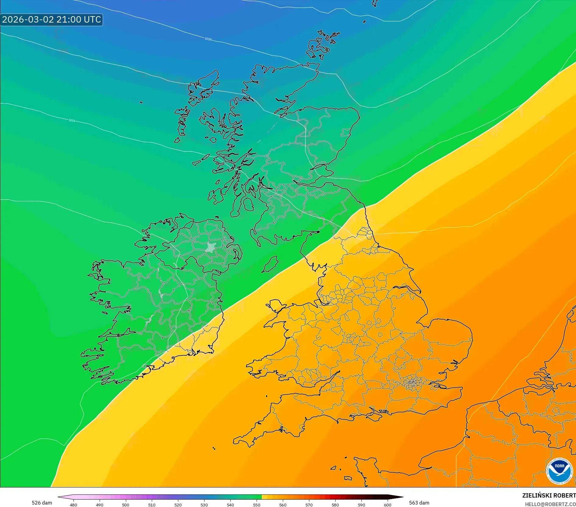 GFS model - Reino Unido, Altura geopotencial a 500 hPa