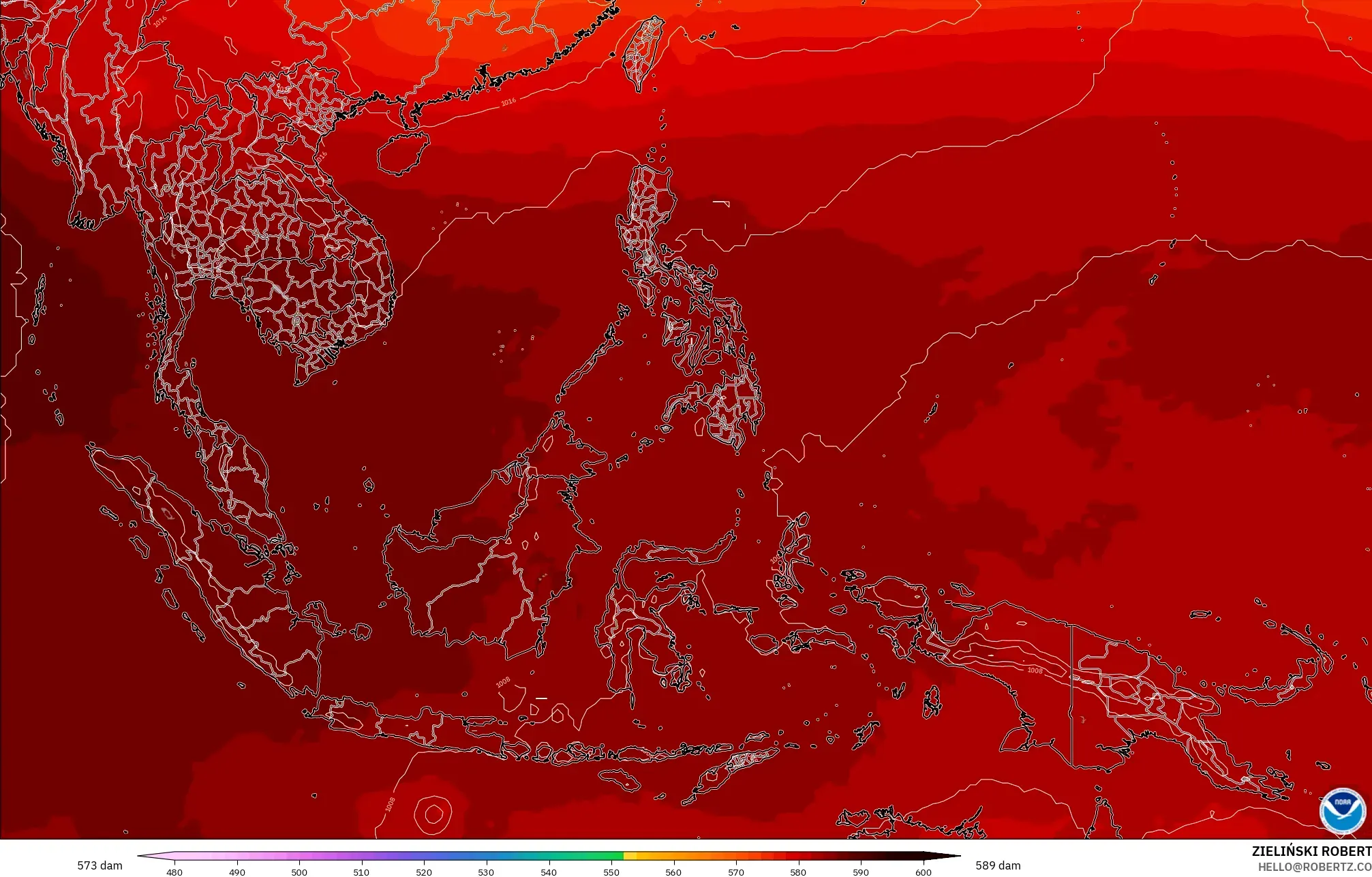 GFS modelo - Sudeste Asiático, Altura geopotencial a 500 hPa