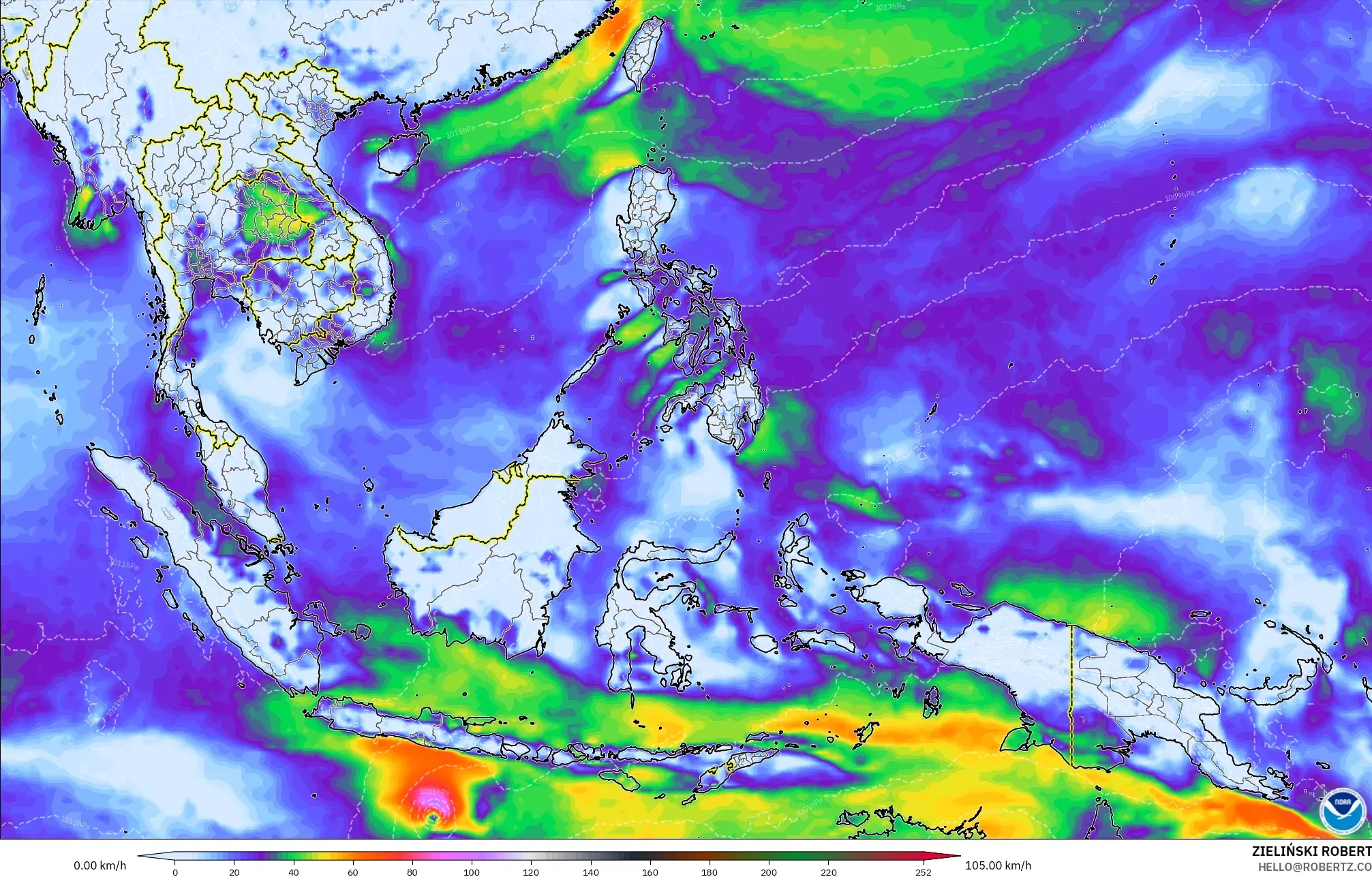 GFS modelo - Sudeste Asiático, Ráfagas de Viento Máximas