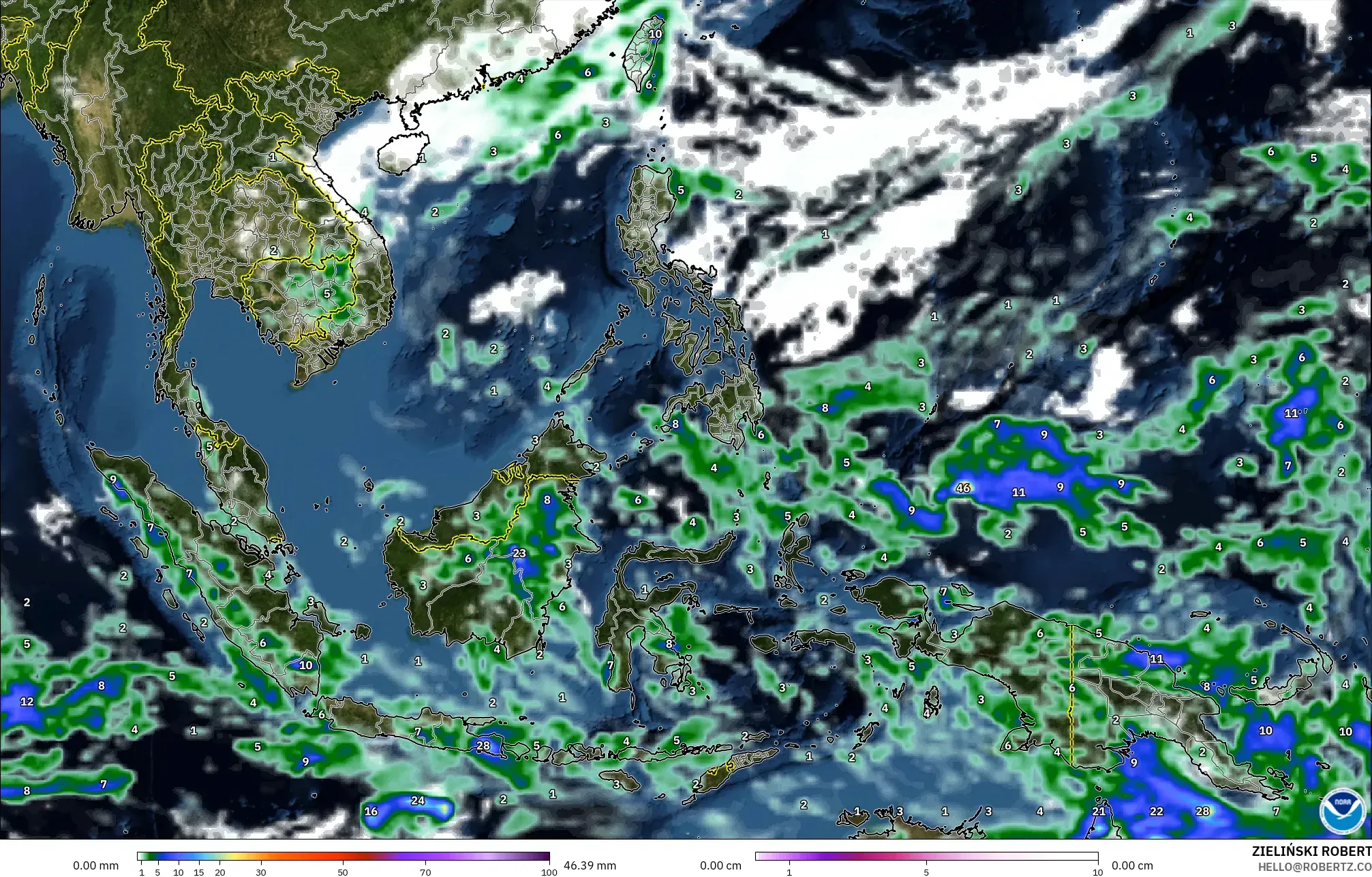 GFS modelo - Sudeste Asiático, Precipitación, nubes y presión