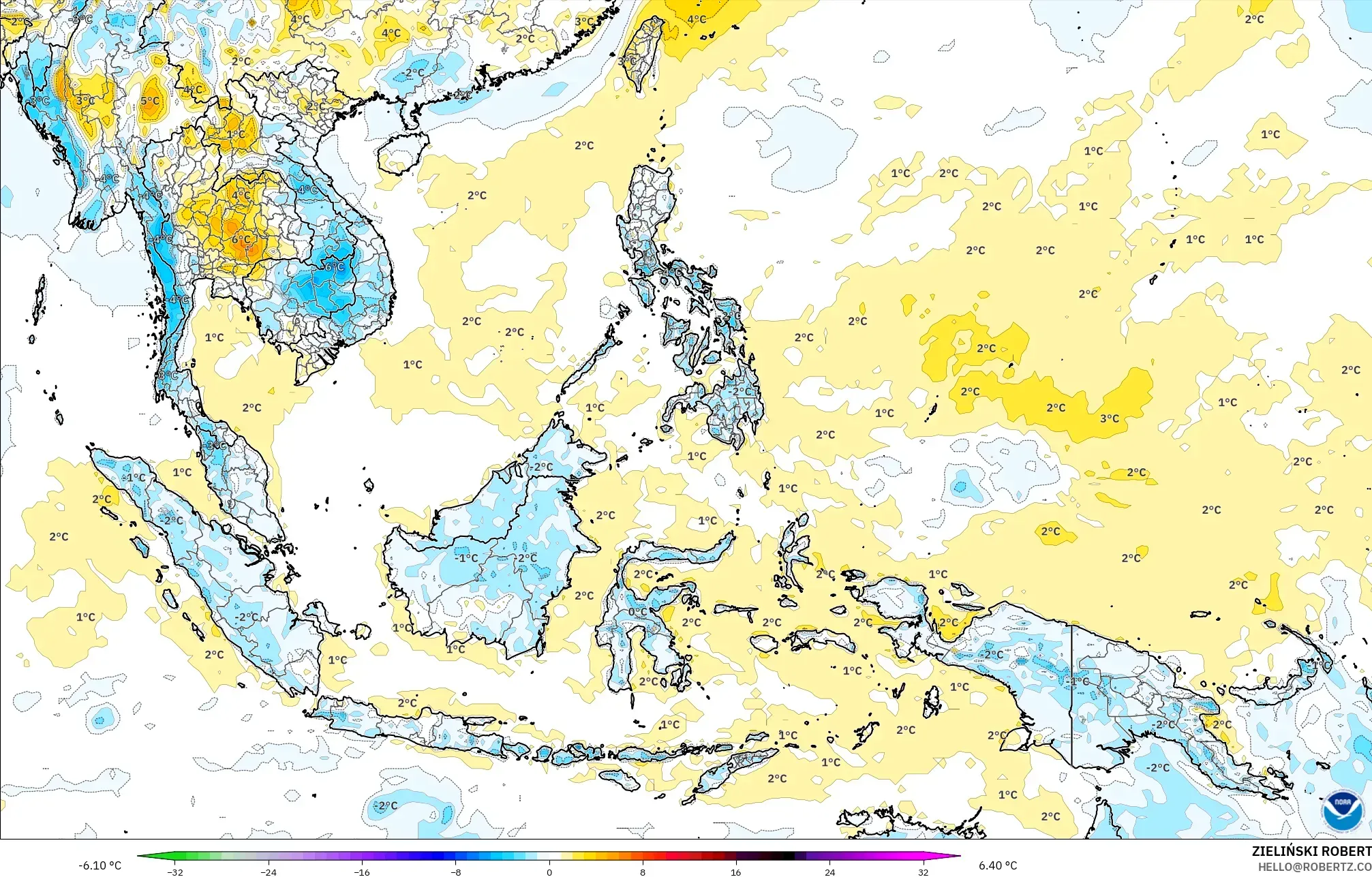 GFS modelo - Sudeste Asiático, Anomalía de temperatura a 2 m