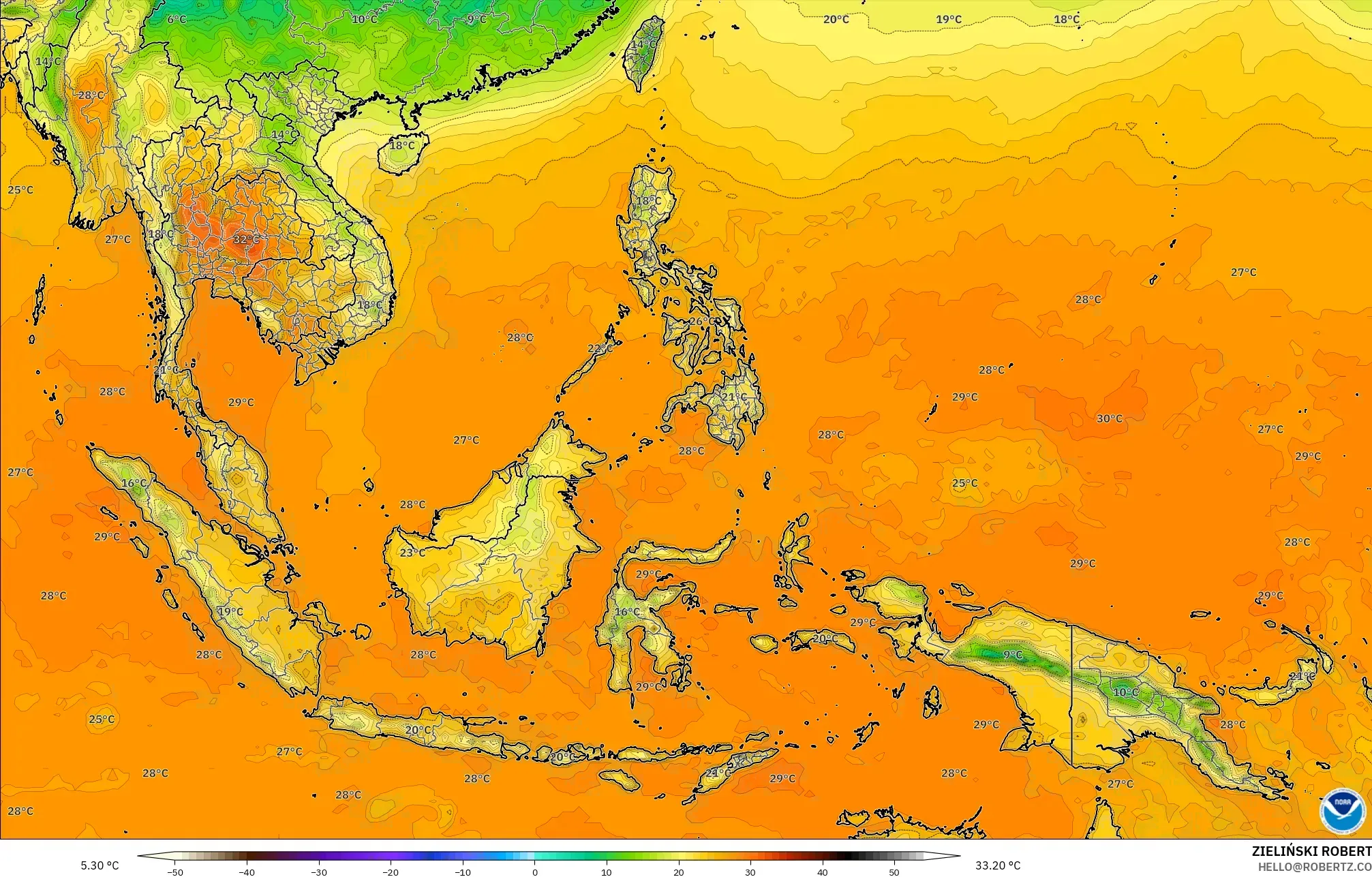GFS modelo - Sudeste Asiático, Temperatura a 2 m
