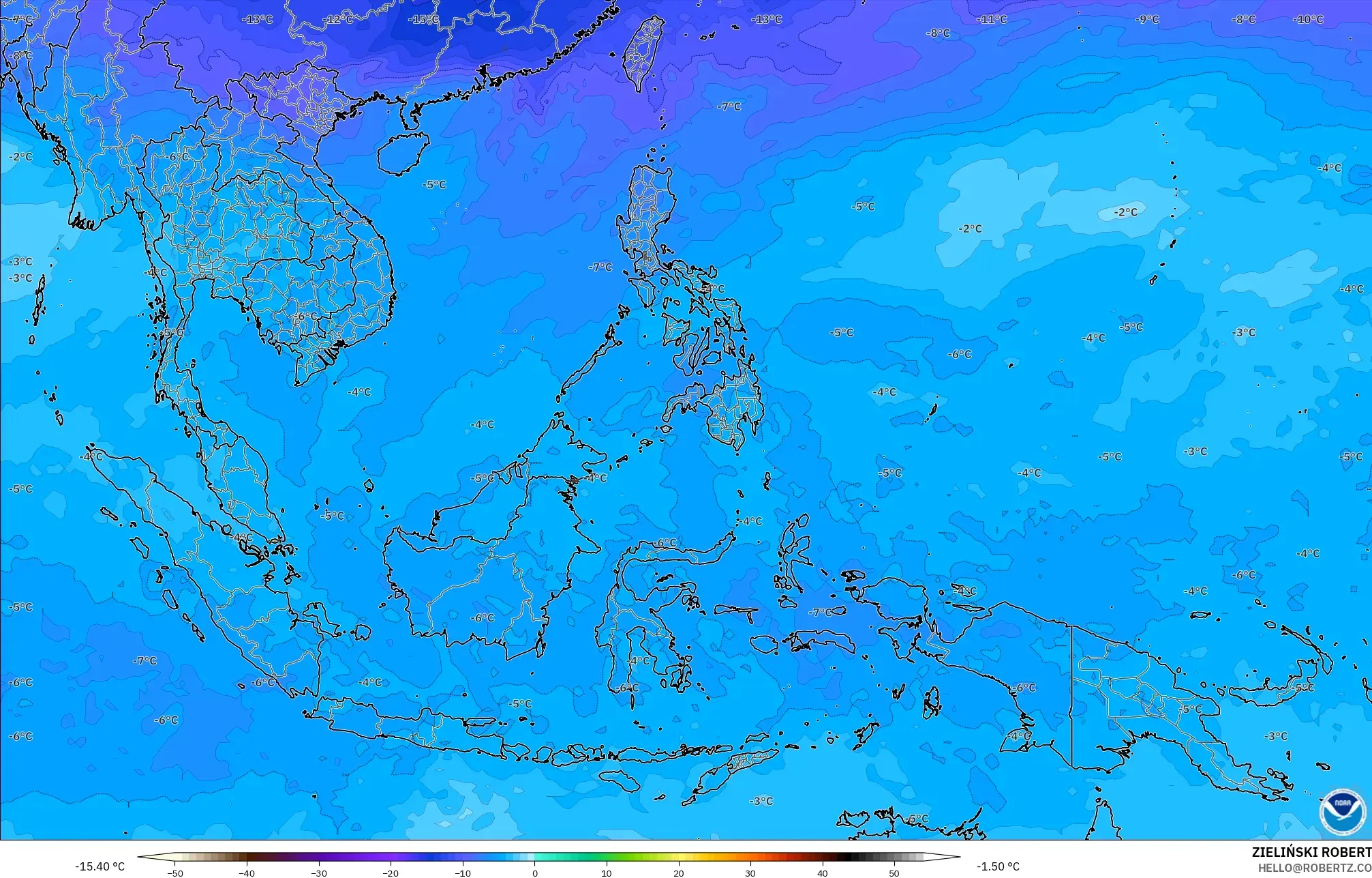 GFS modelo - Sudeste Asiático, Temperatura a 500 hPa