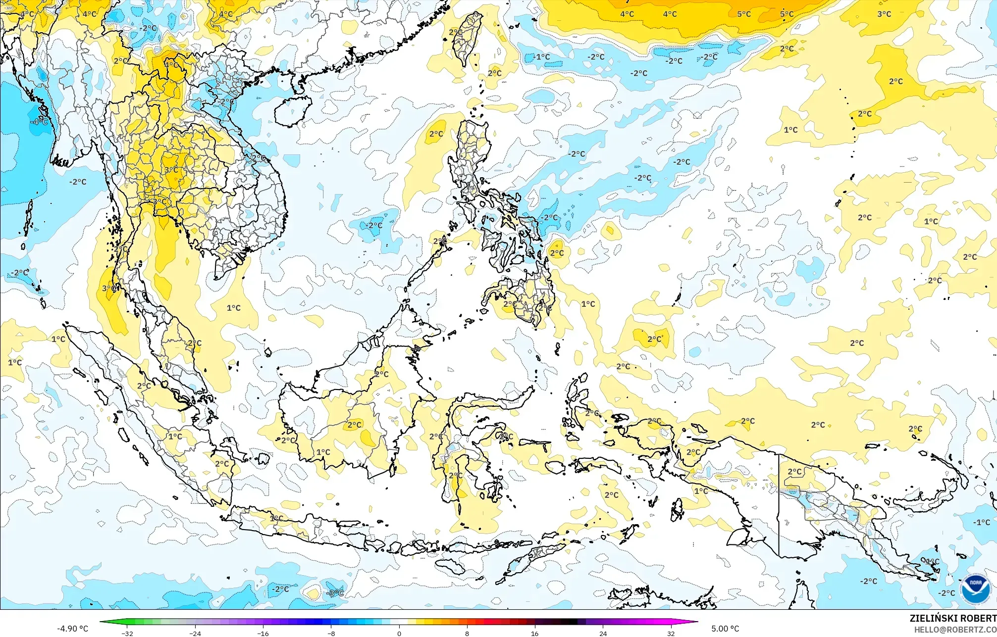 GFS modelo - Sudeste Asiático, Anomalía de temperatura a 850 hPa