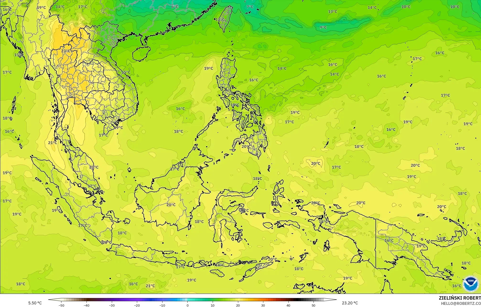GFS modelo - Sudeste Asiático, Temperatura a 850 hPa