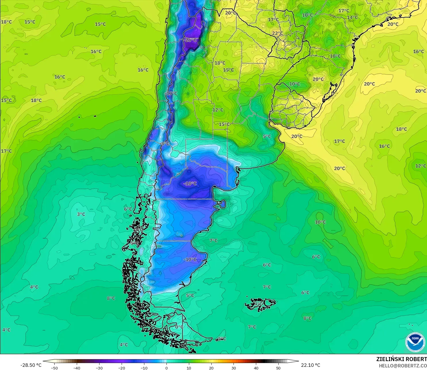 GFS modelo - Argentina, Punto de rocío a 2 m