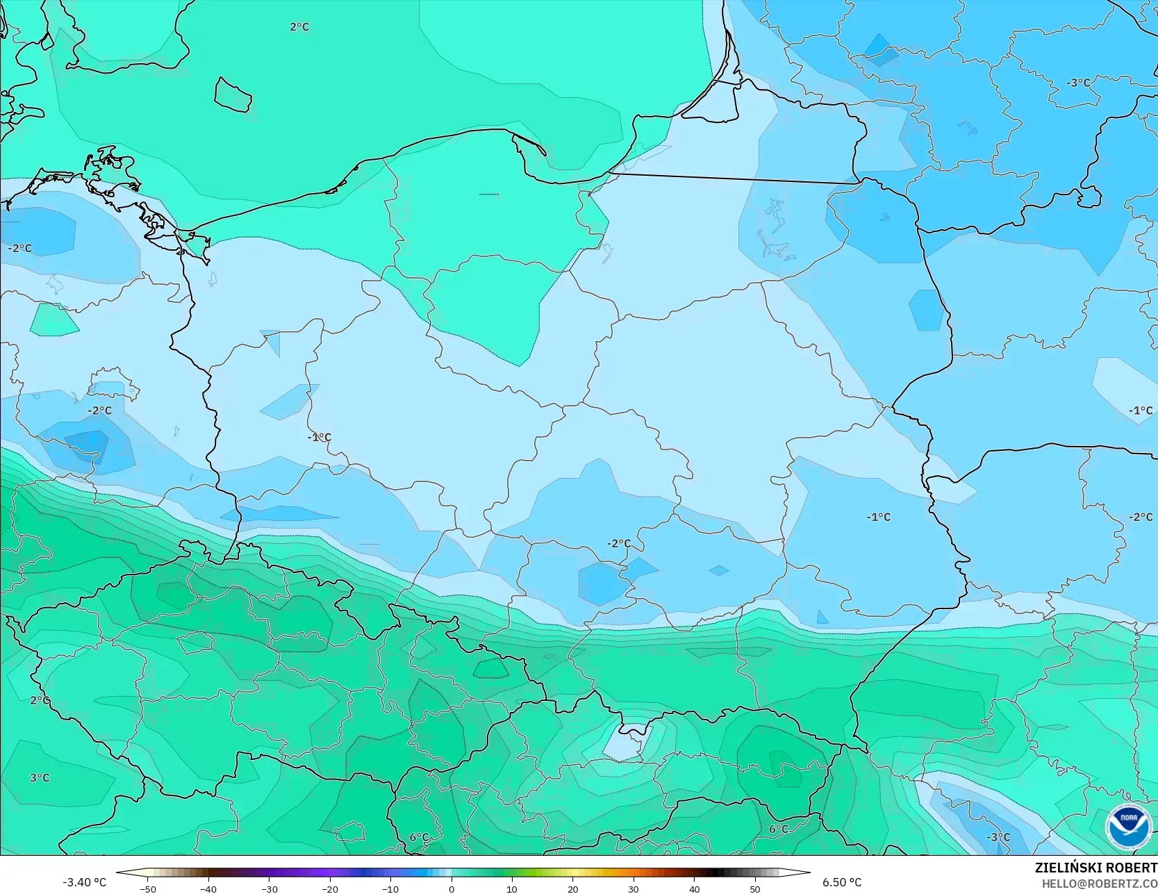 GFS modelo - Polonia, Punto de rocío a 2 m