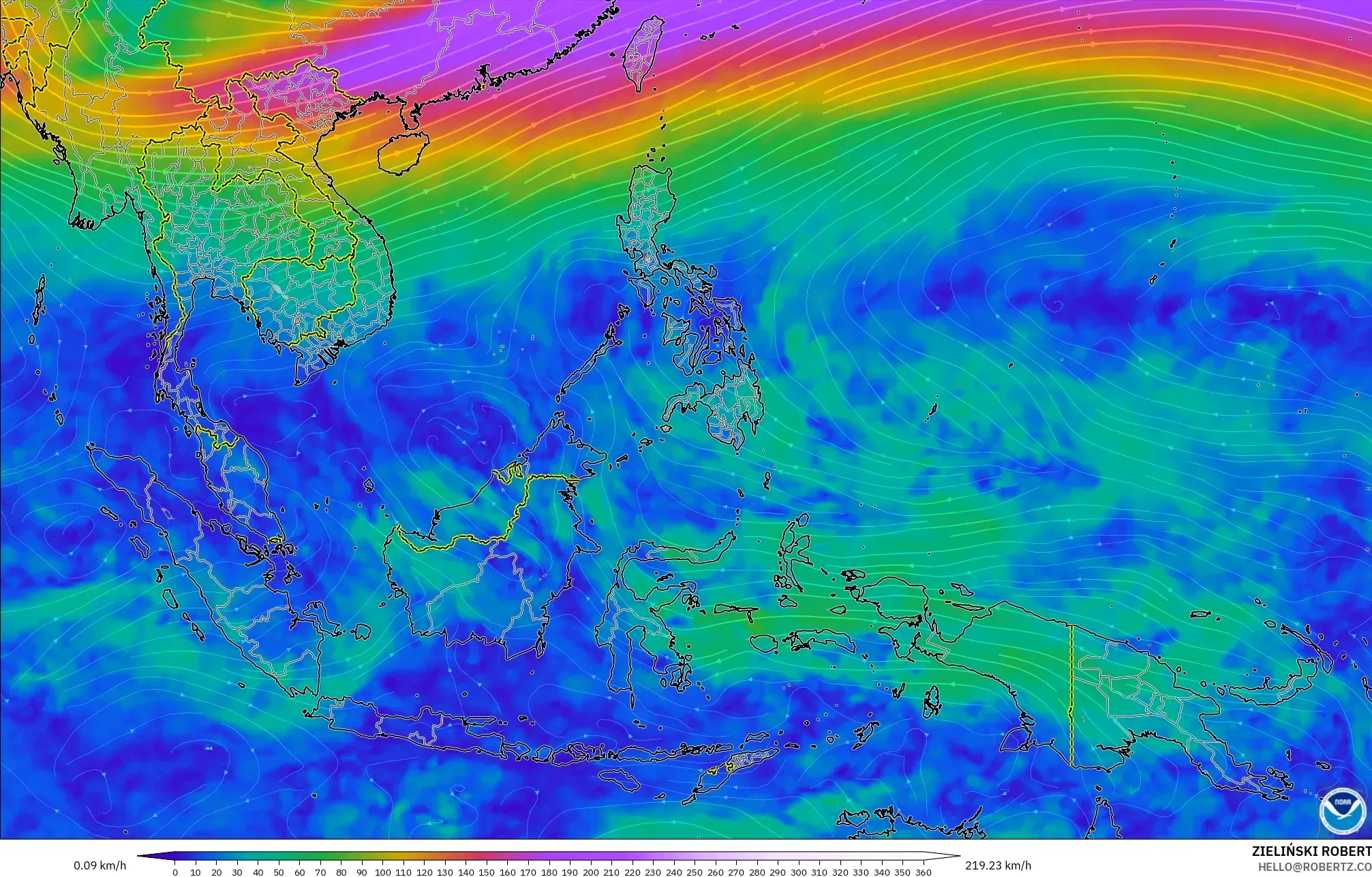 GFS modelo - Sudeste Asiático, Viento a 300 hPa (corriente en chorro)