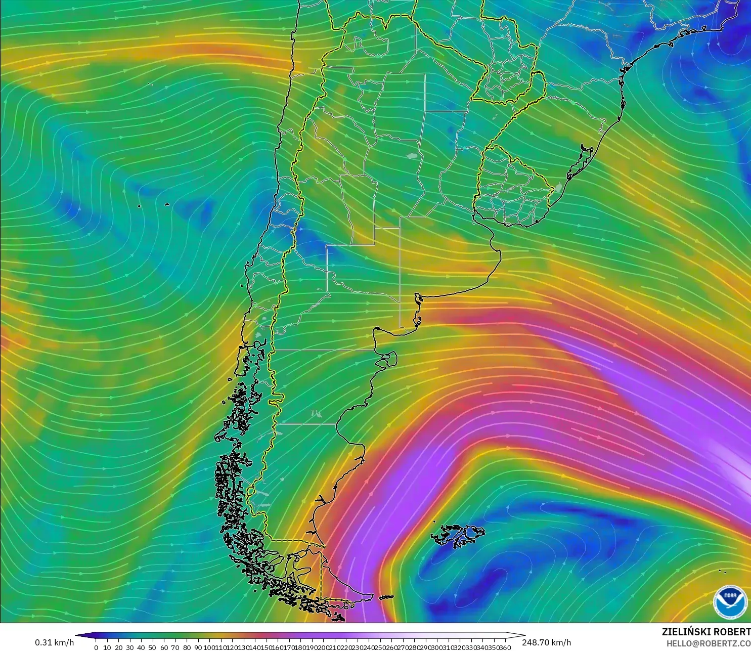 GFS modelo - Argentina, Viento a 300 hPa (corriente en chorro)