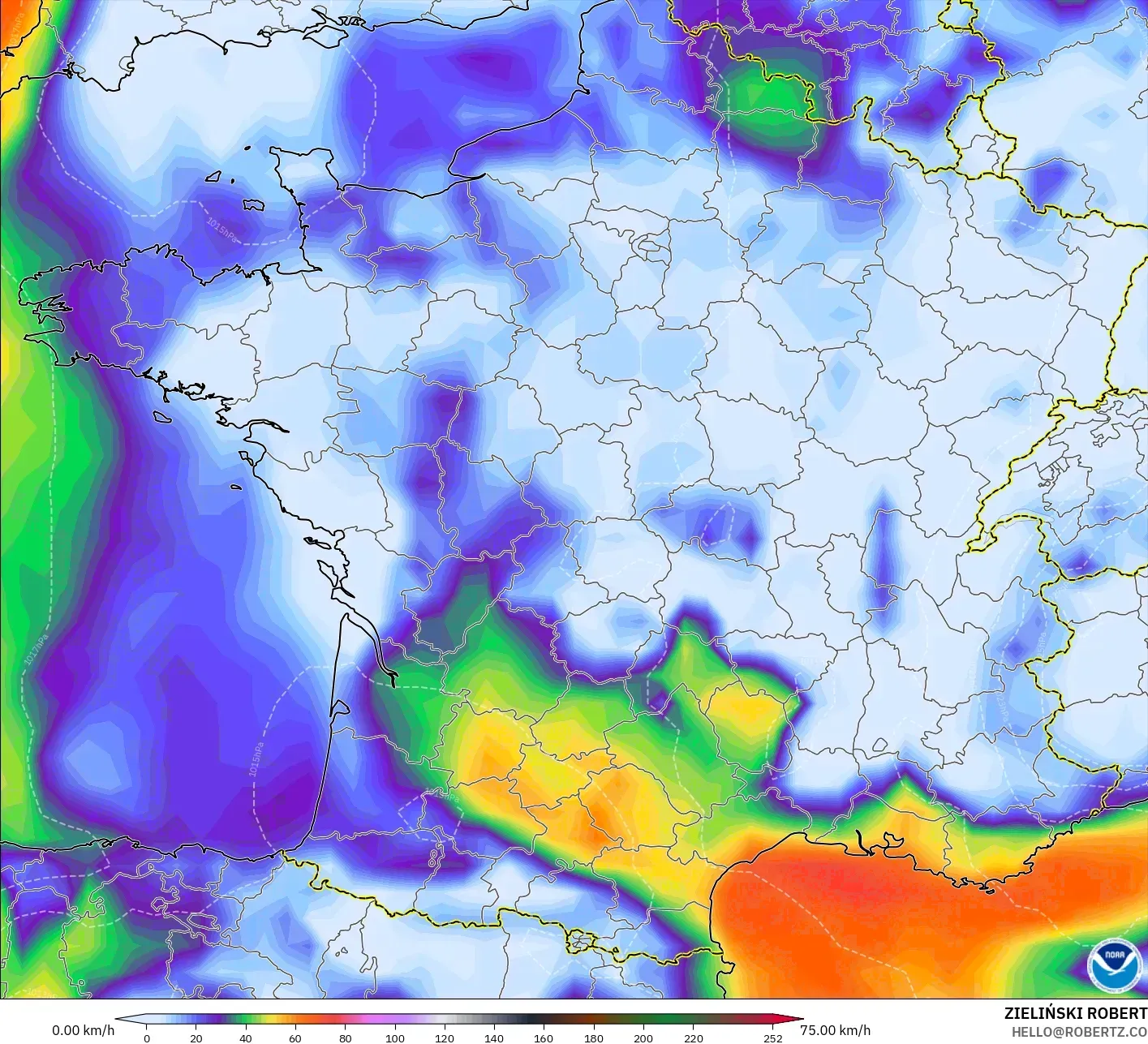 GFS modelo - Francia, Ráfagas de viento