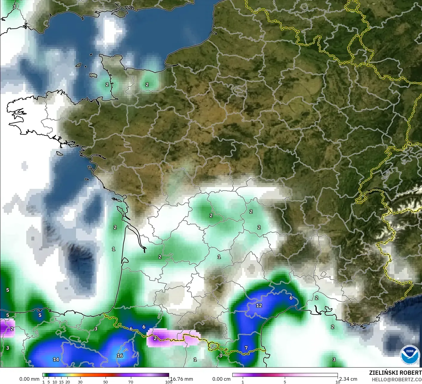 GFS modelo - Francia, Precipitación, nubes y presión