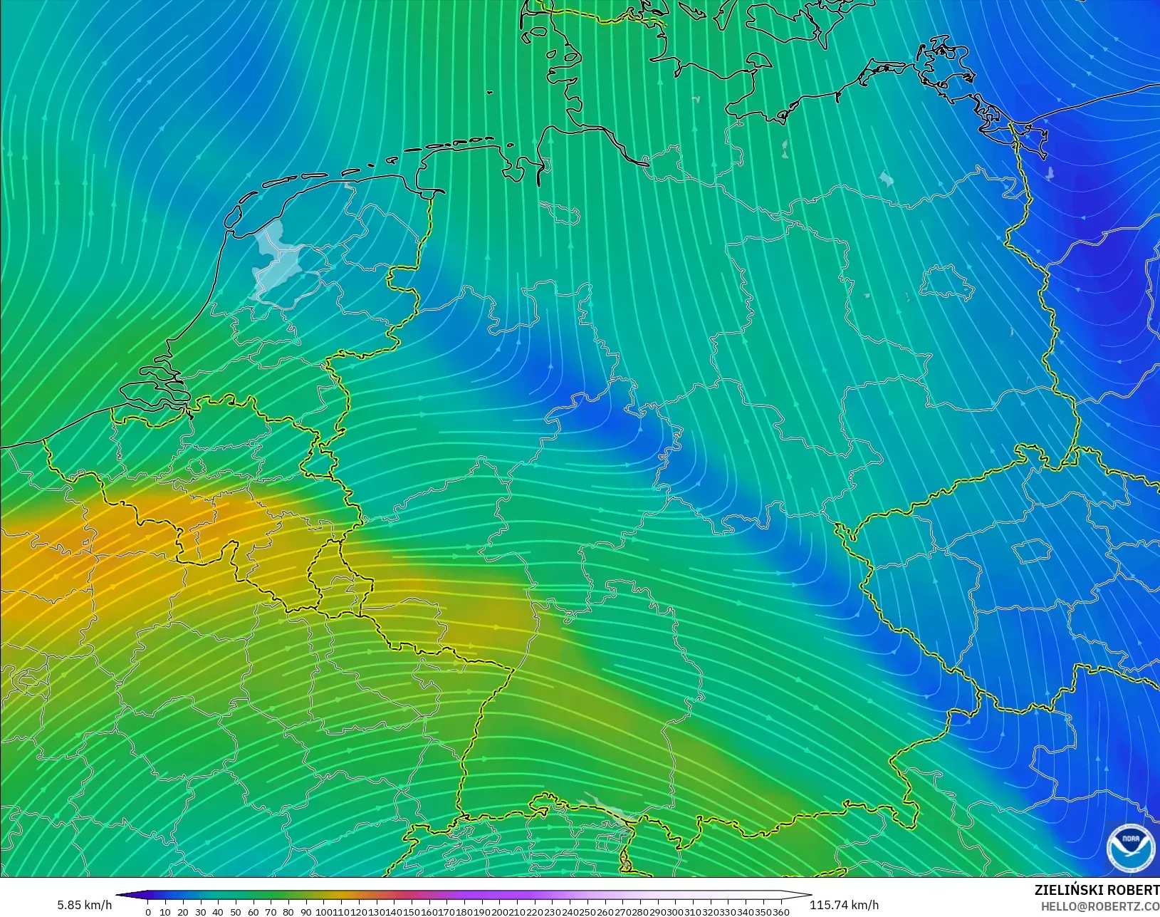 GFS modelo - Alemania, Viento a 300 hPa (corriente en chorro)