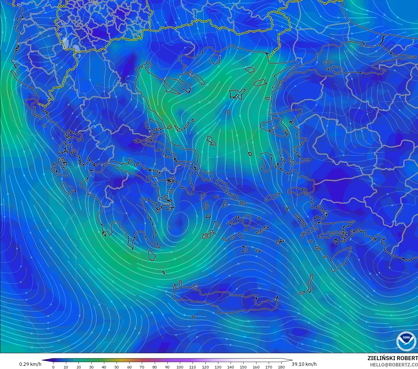 GFS modelo - Grecia, Viento a 10 m