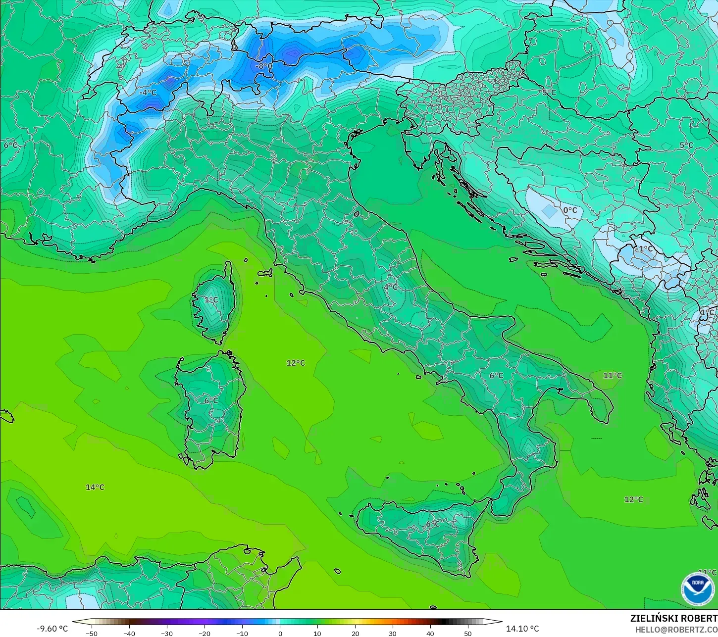 GFS modelo - Italia, Punto de rocío a 2 m