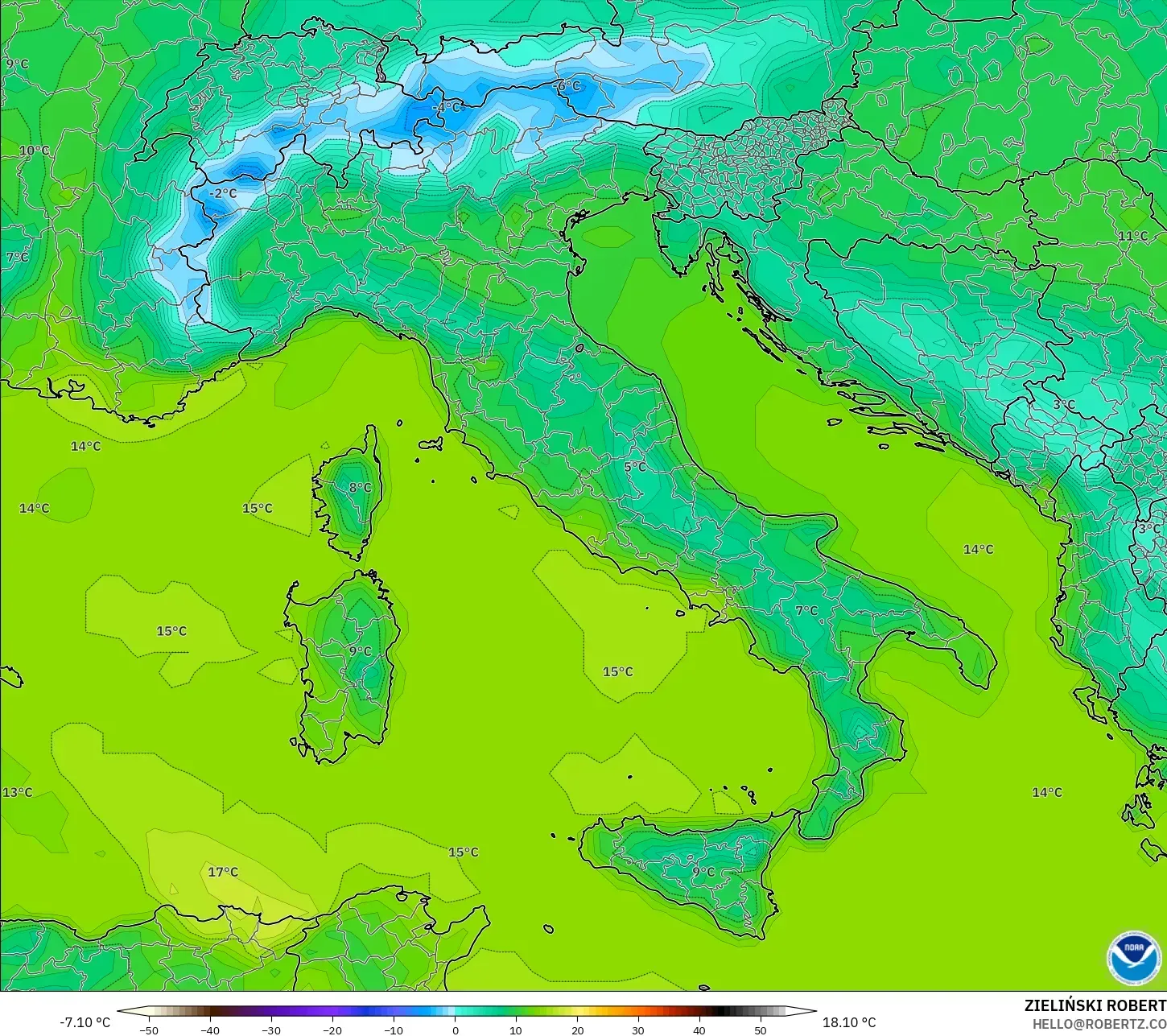 GFS modelo - Italia, Temperatura a 2 m