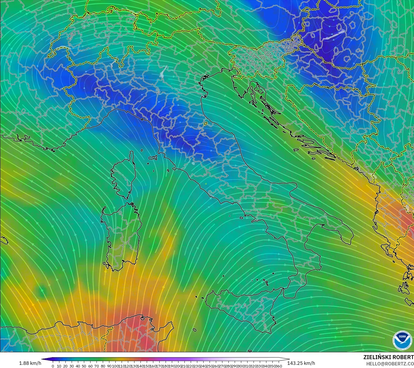 GFS modelo - Italia, Viento a 300 hPa (corriente en chorro)