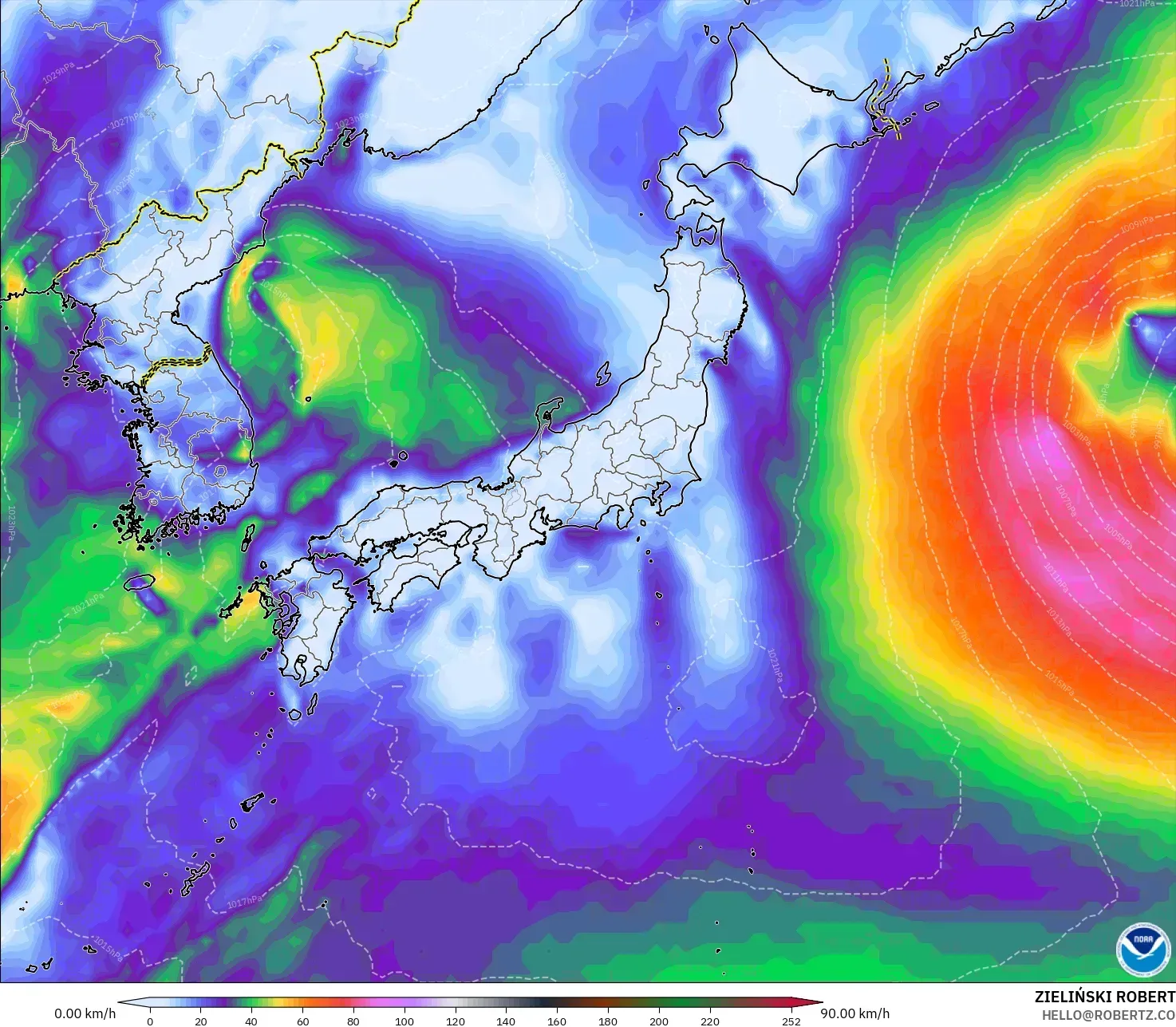 GFS modelo - Japón, Ráfagas de viento