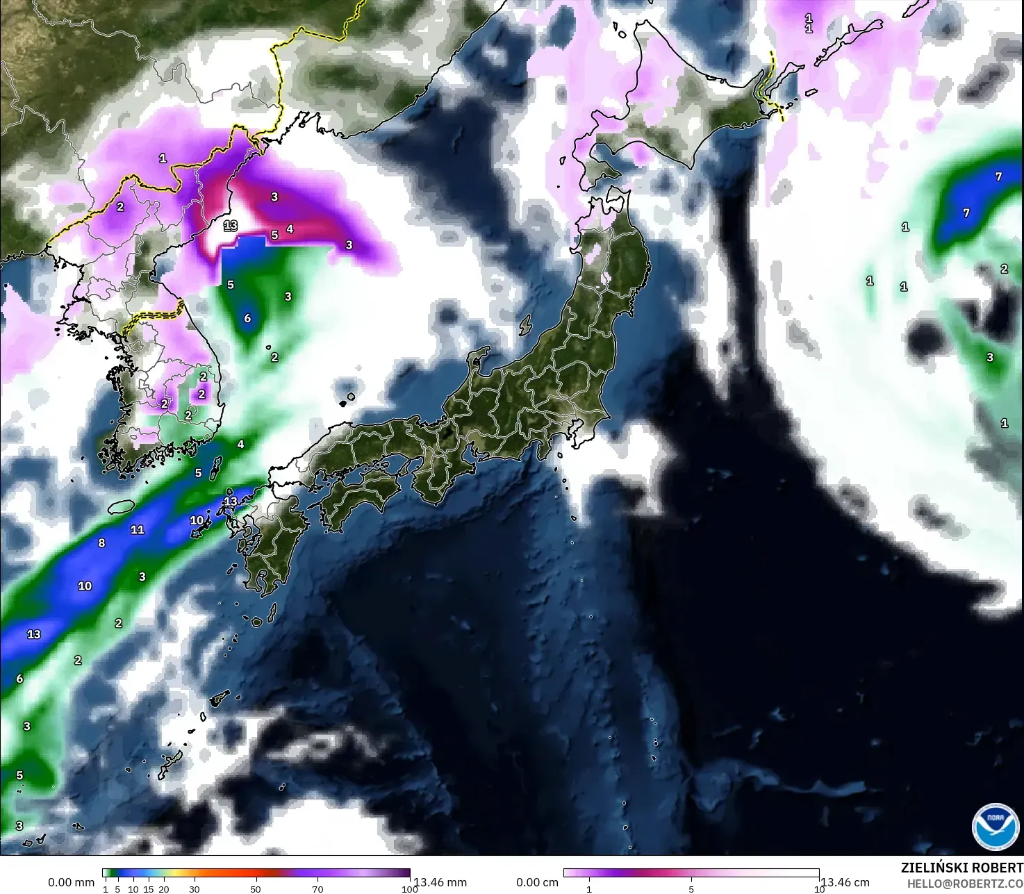 GFS modelo - Japón, Precipitación, nubes y presión