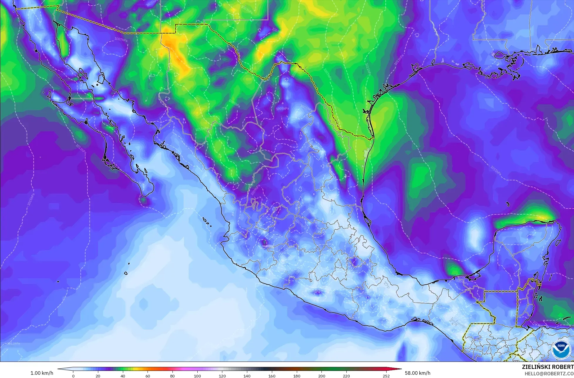 GFS modelo - México, Ráfagas de viento