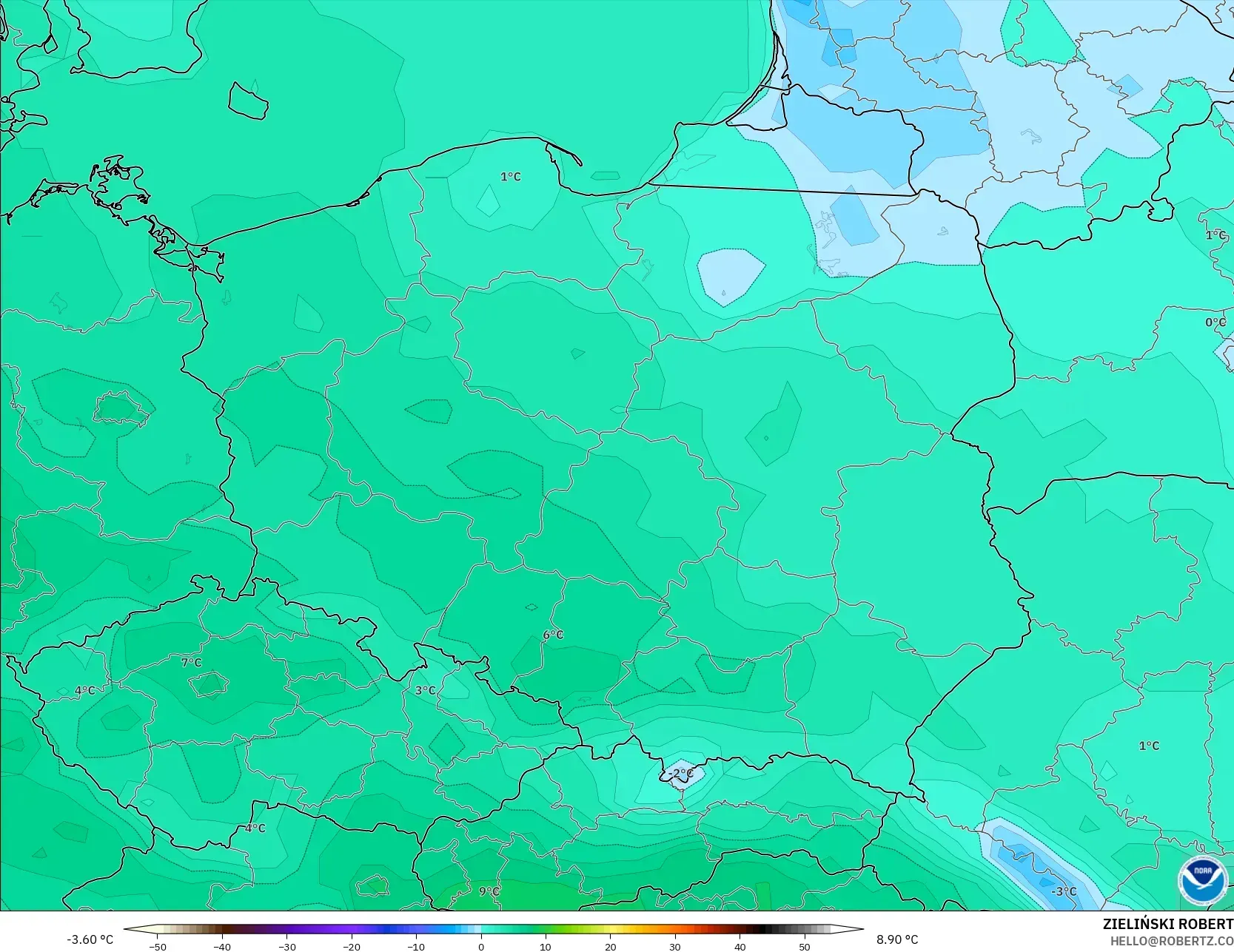 GFS modelo - Polonia, Temperatura a 2 m