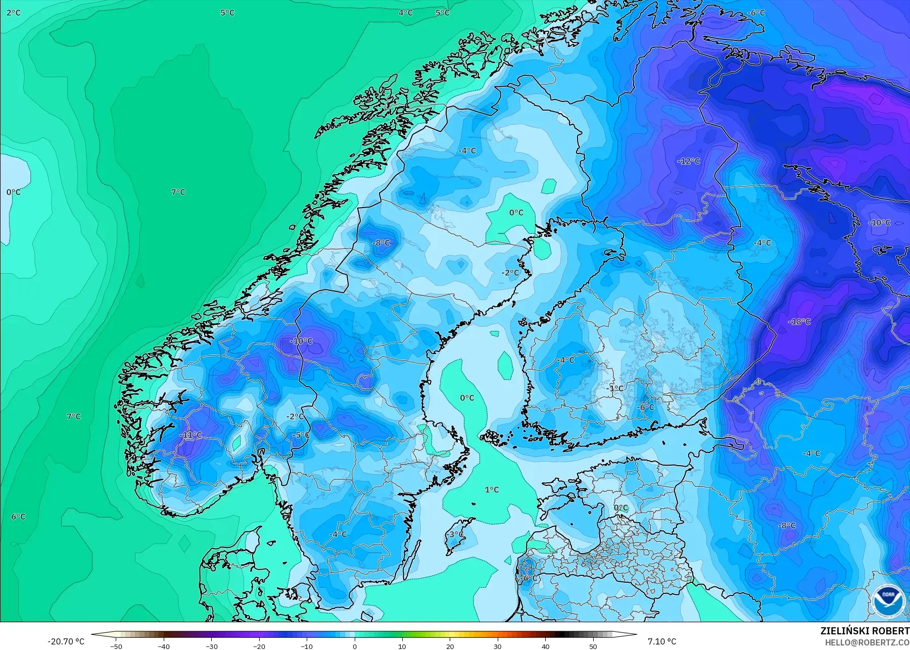 GFS modelo - Escandinavia, Punto de rocío a 2 m