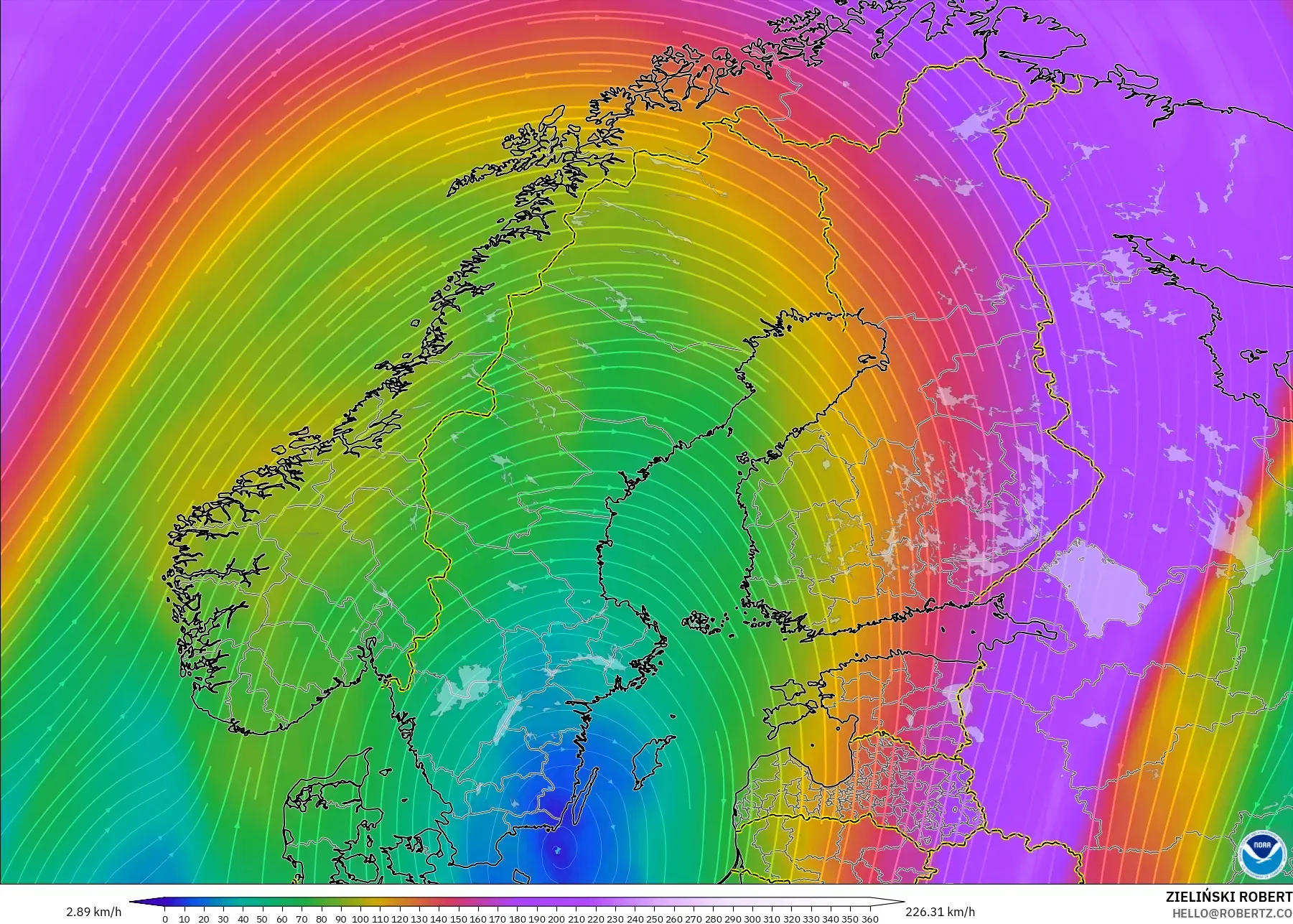 GFS modelo - Escandinavia, Viento a 300 hPa (corriente en chorro)