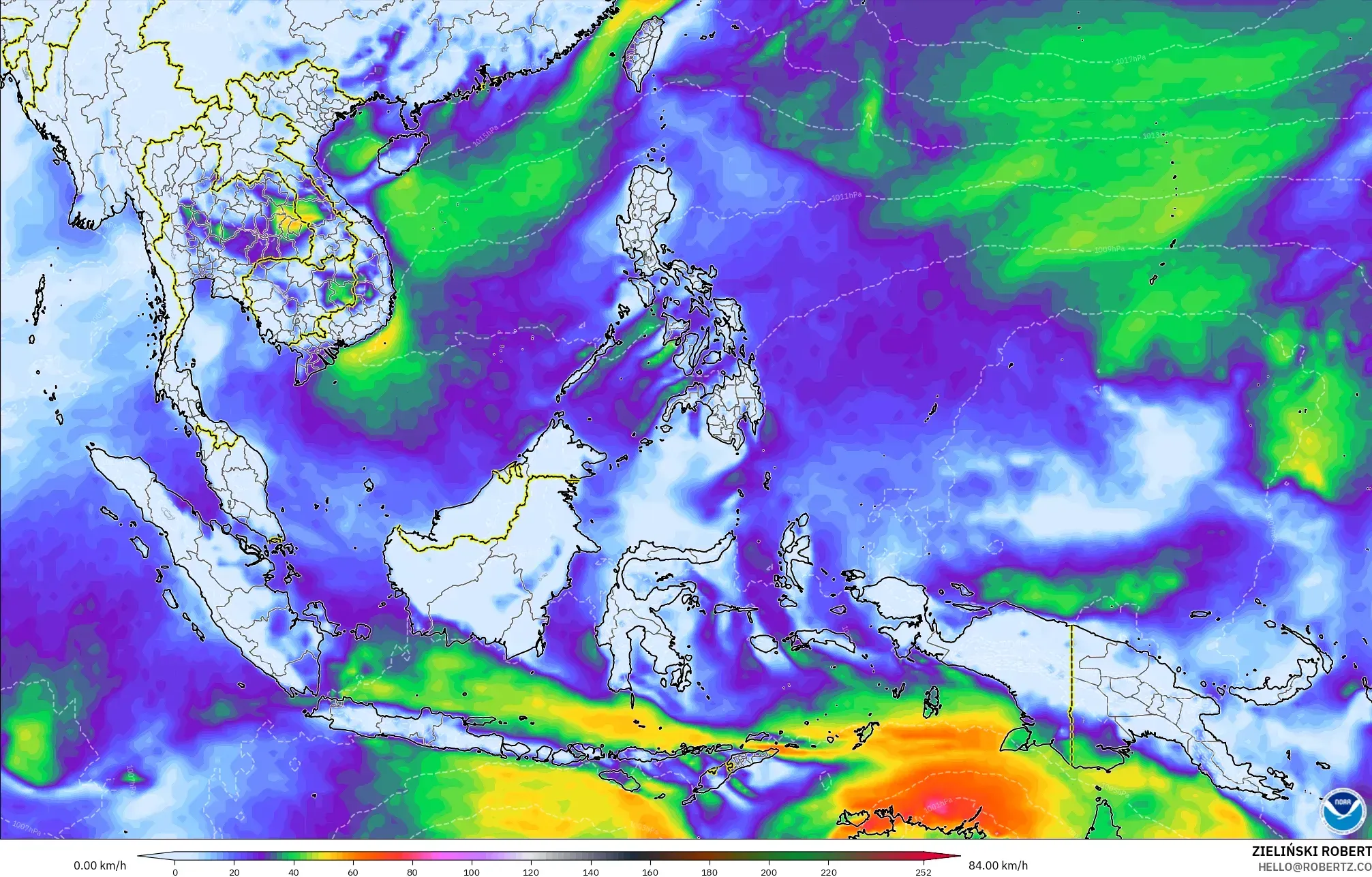 GFS modelo - Sudeste Asiático, Ráfagas de viento