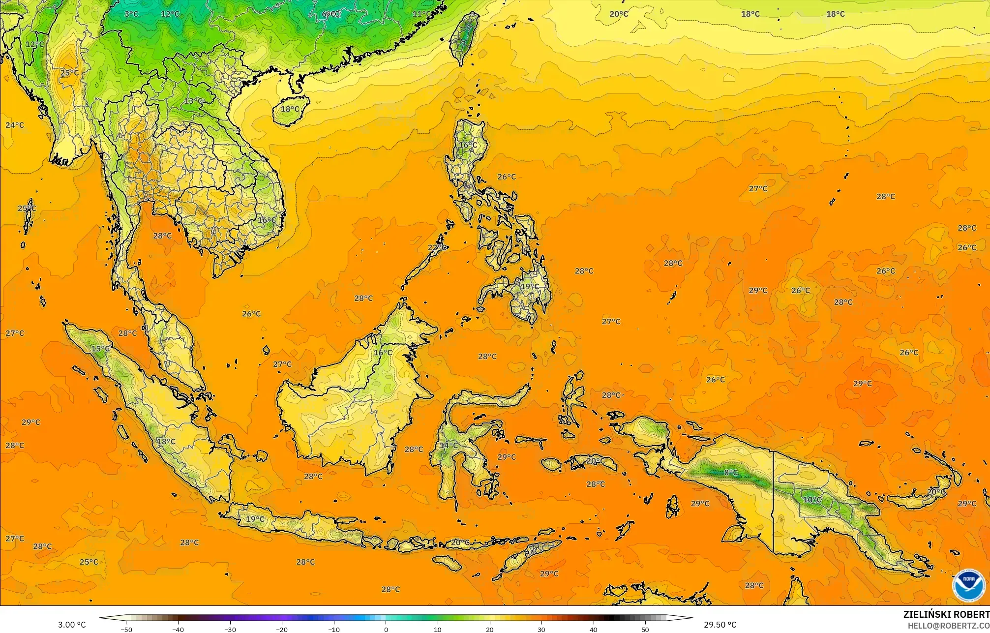 GFS modelo - Sudeste Asiático, Temperatura a 2 m