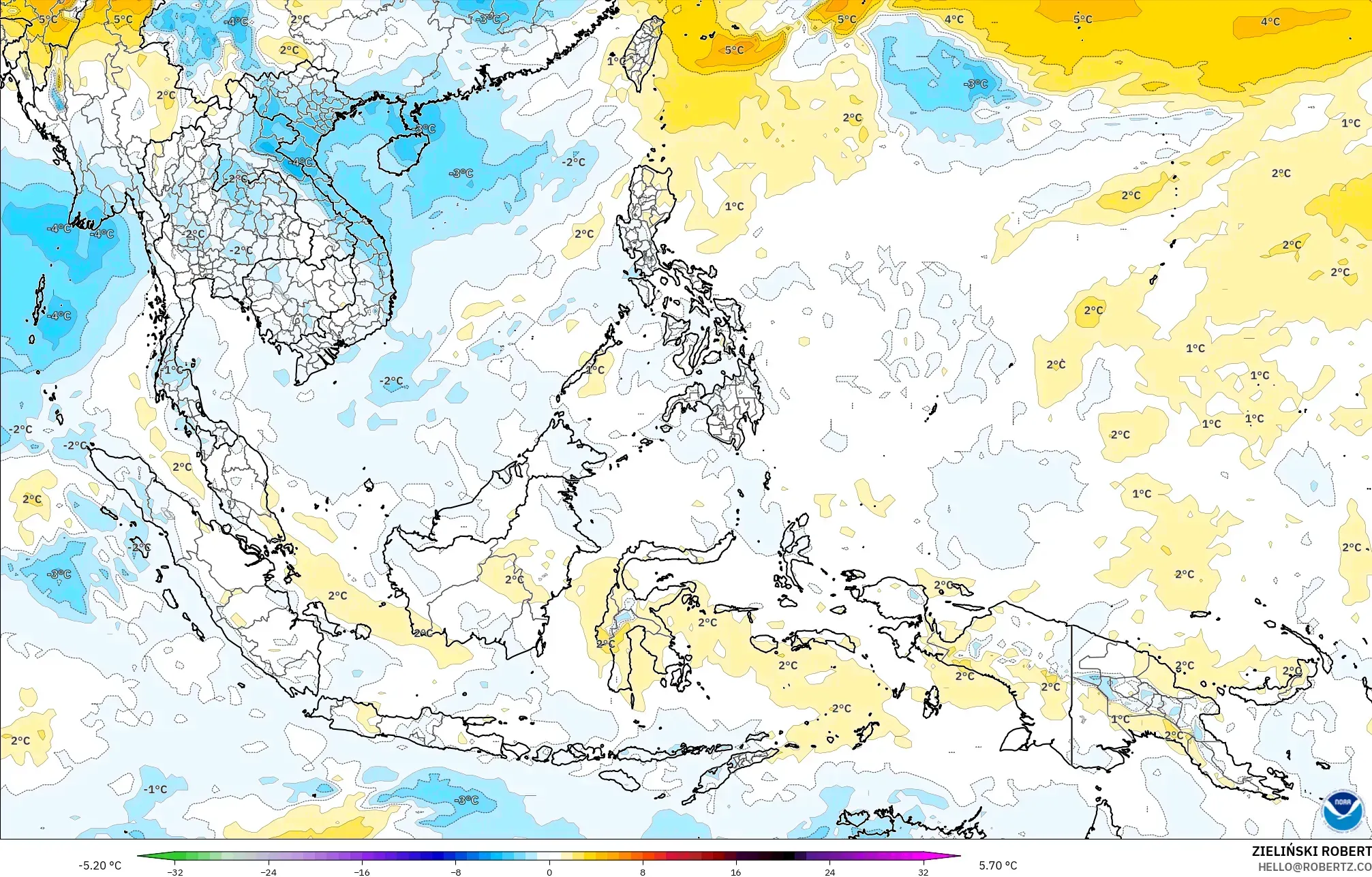 GFS modelo - Sudeste Asiático, Anomalía de temperatura a 850 hPa