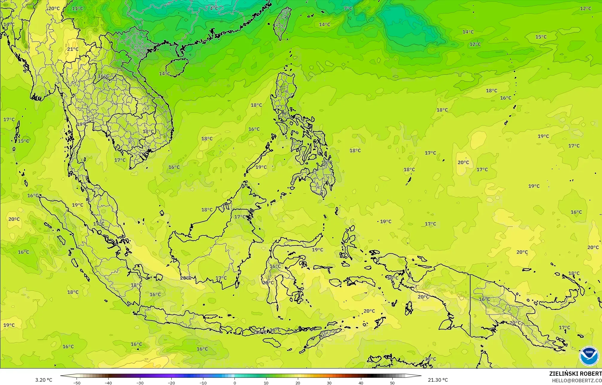 GFS modelo - Sudeste Asiático, Temperatura a 850 hPa