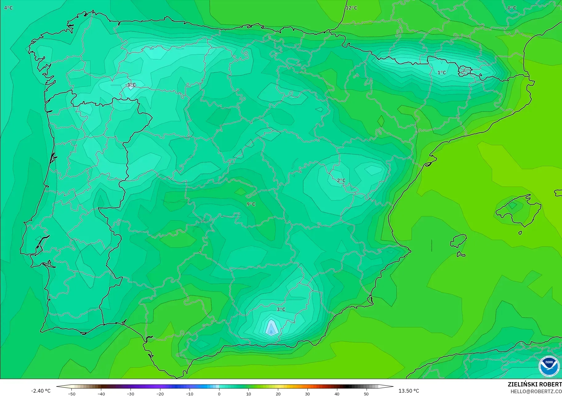 GFS modelo - España, Punto de rocío a 2 m