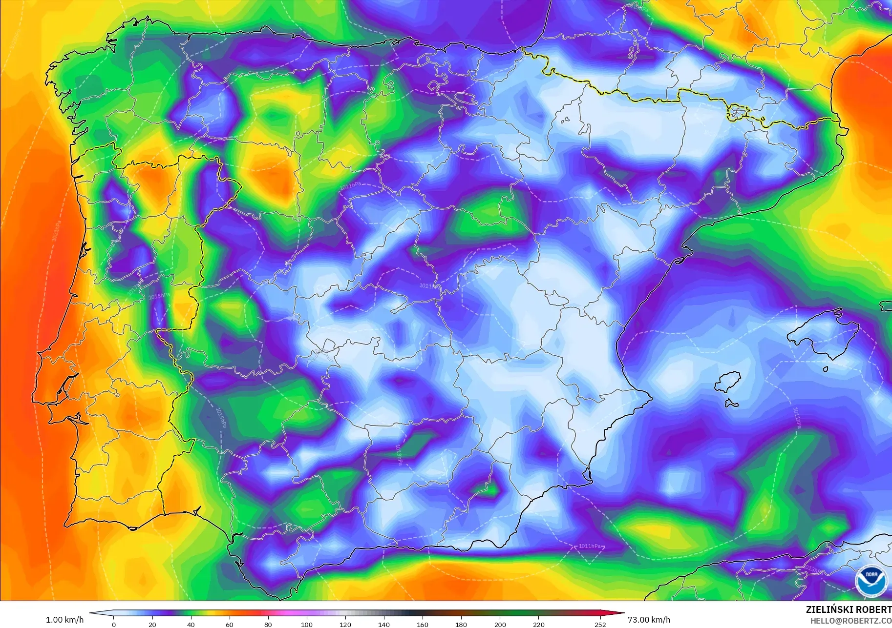 GFS modelo - España, Ráfagas de viento