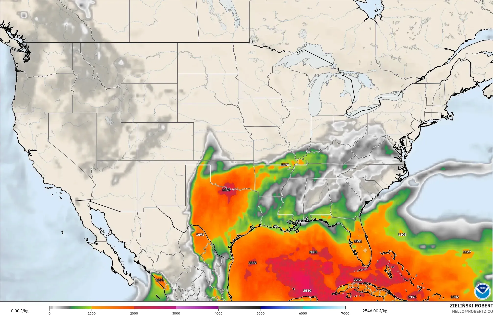 GFS modelo - Estados Unidos, CAPE